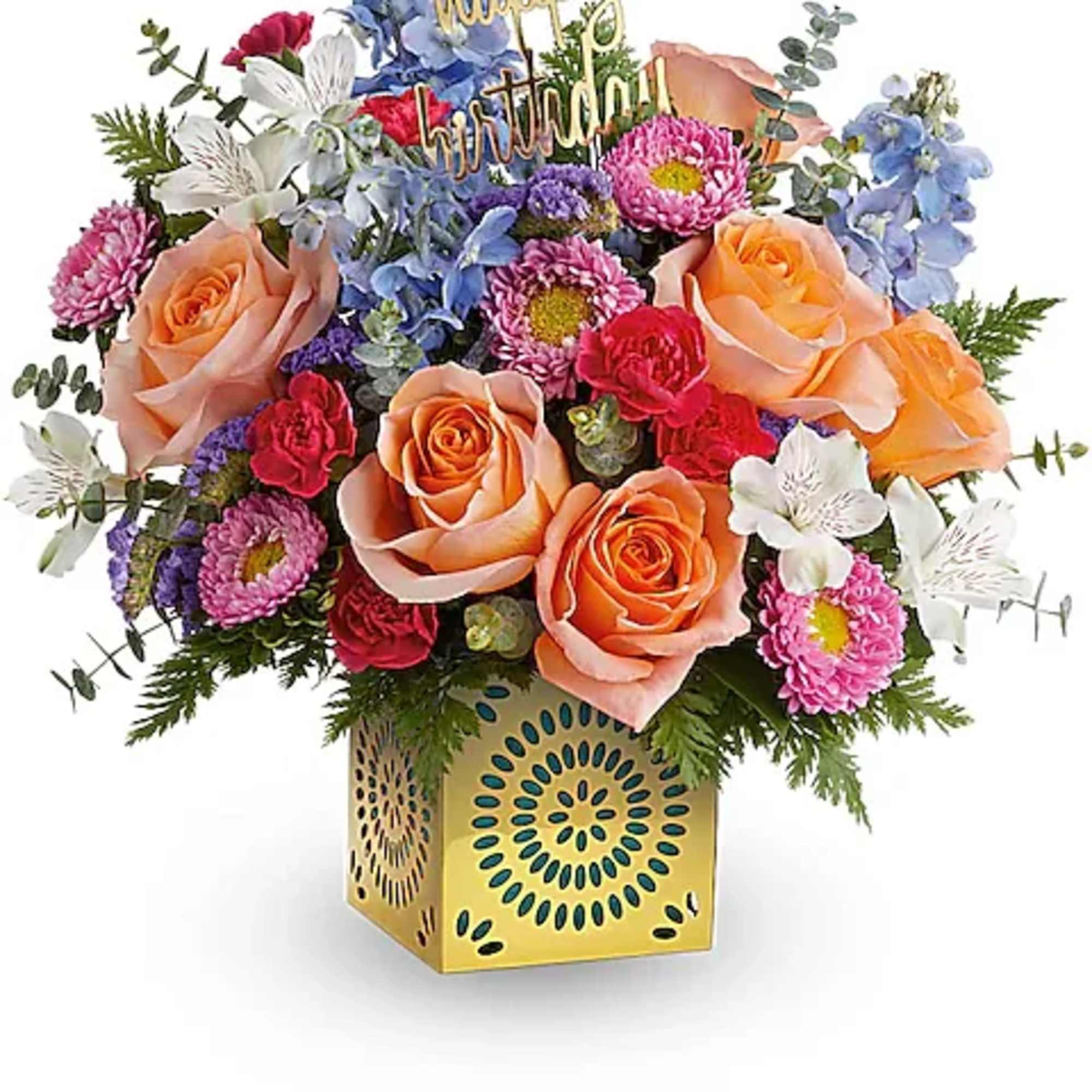 Mixed bouquet with roses, daisies, and a happy birthday topper in a decorative box