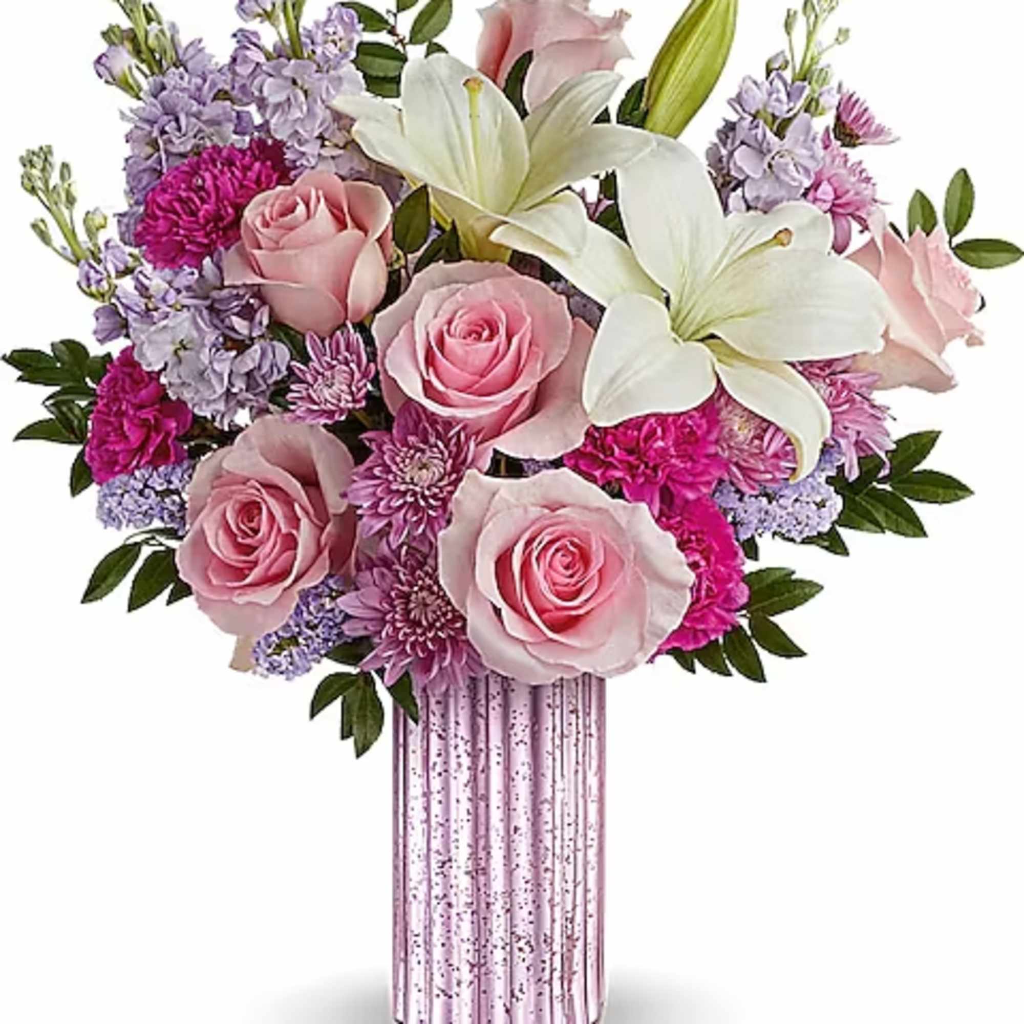 Pink roses and white lilies in a pink vase