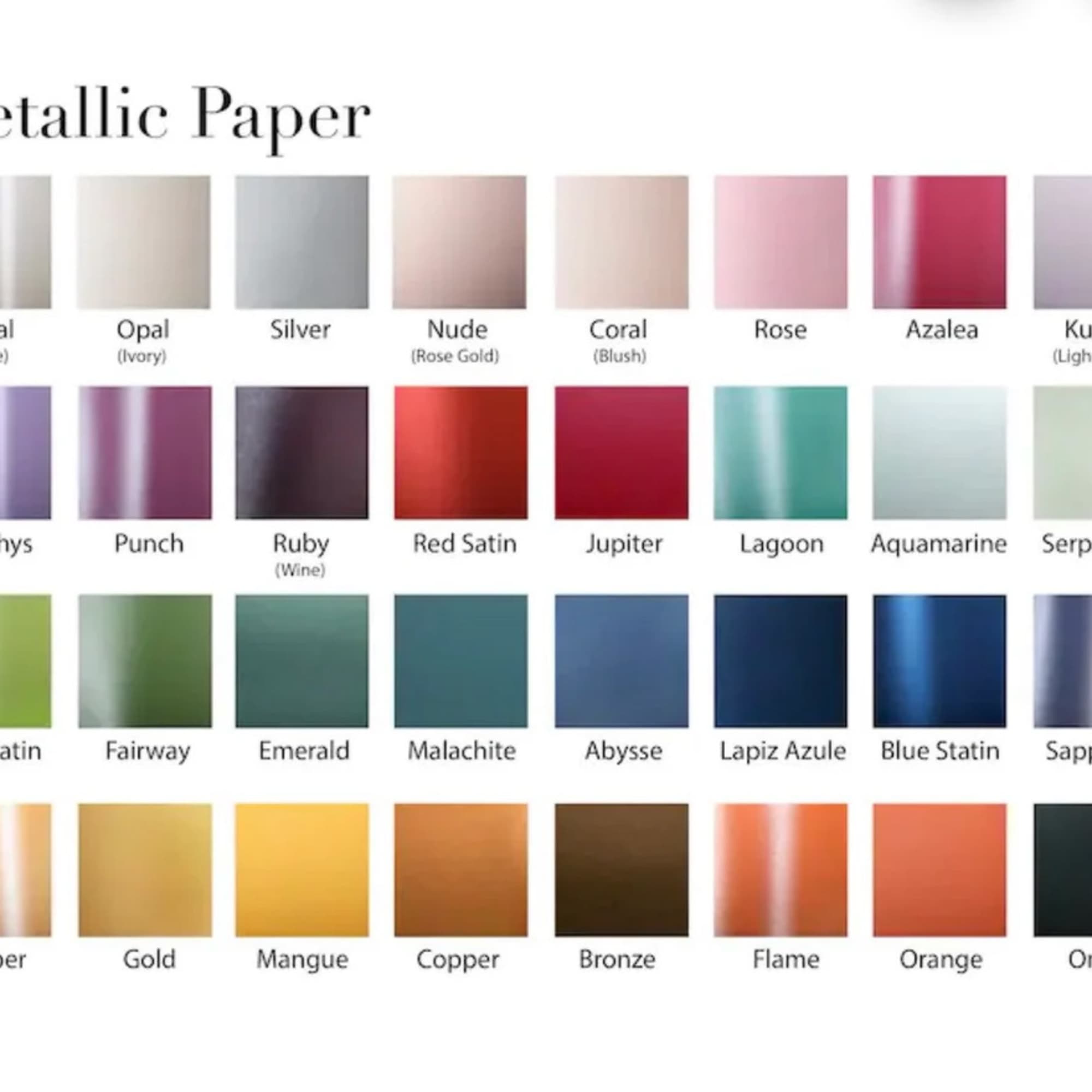 Metallic paper color chart with labeled swatches in rows.