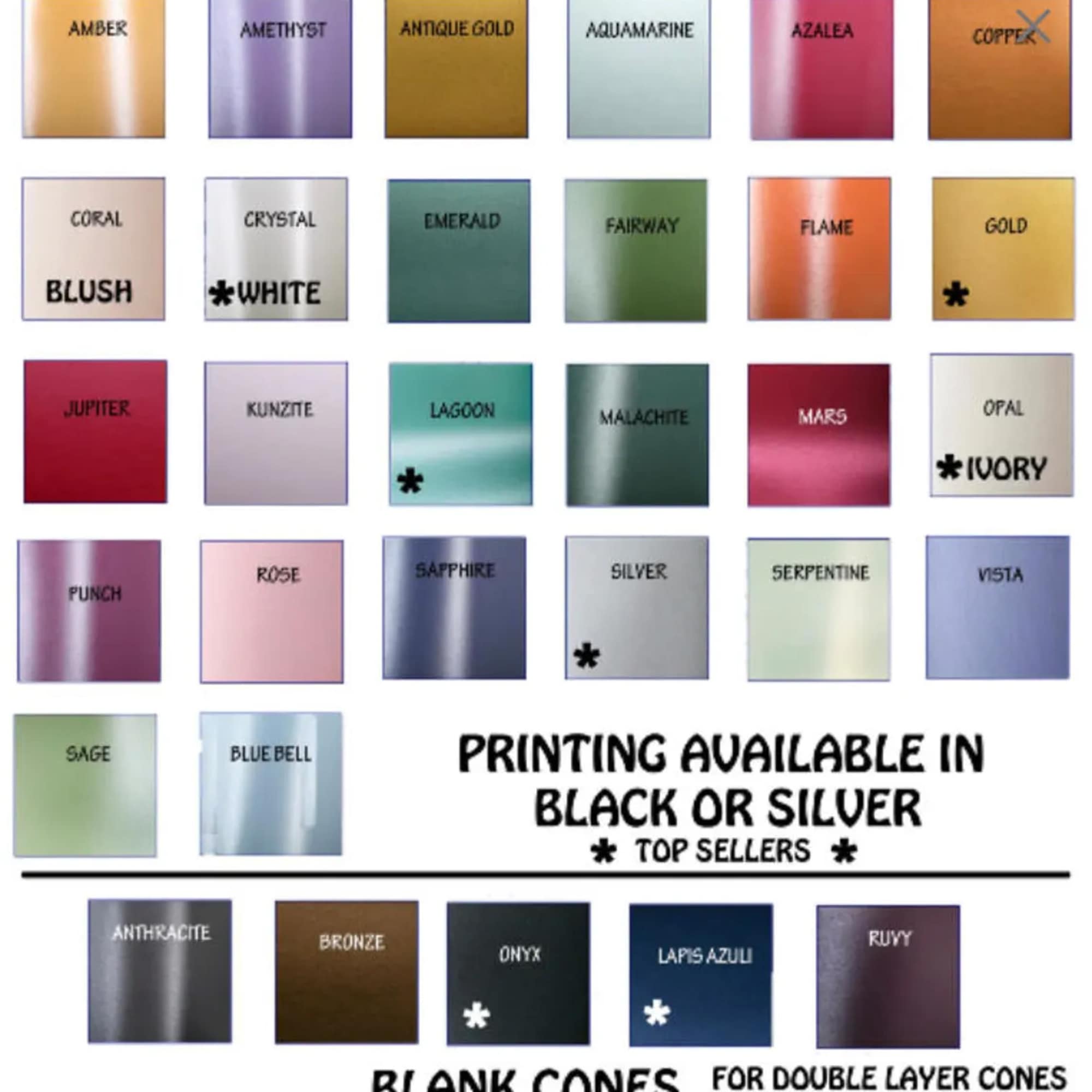 Color chart for blank cones with labeled metallic and pastel swatches