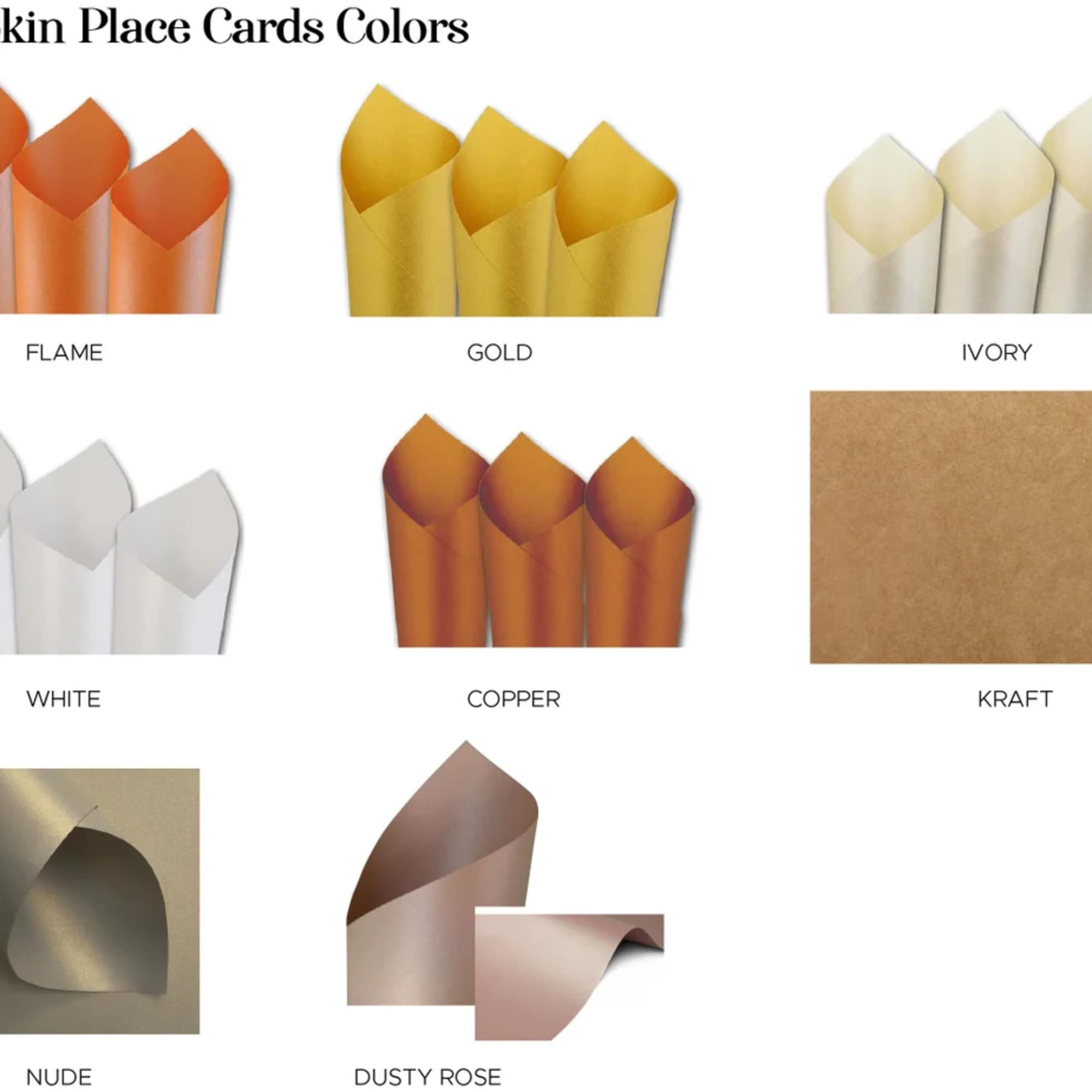 Color chart for pumpkin place cards in orange, gold, ivory, white, copper, kraft, nude, and dusty rose.