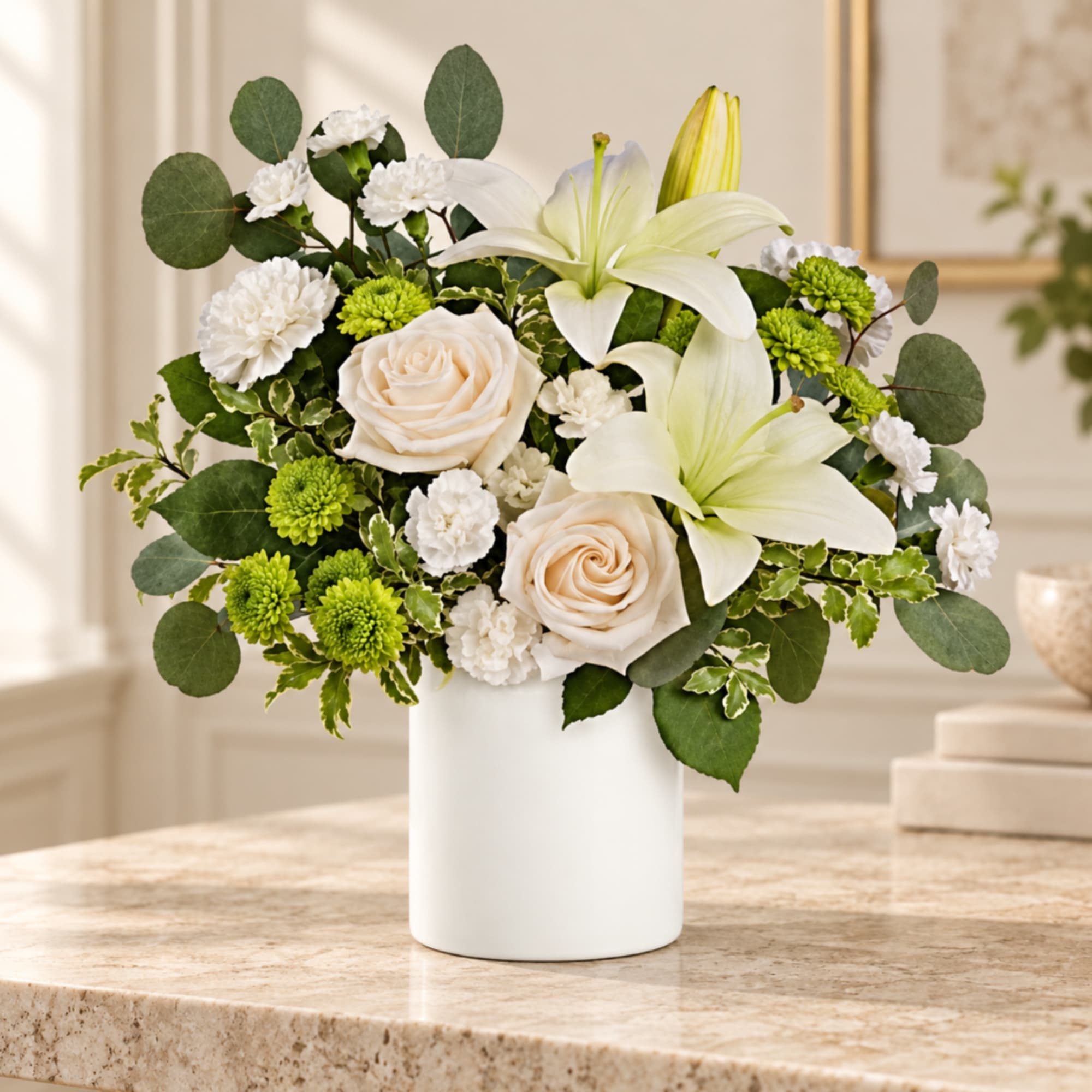 White lilies and cream roses in a white vase with green accents