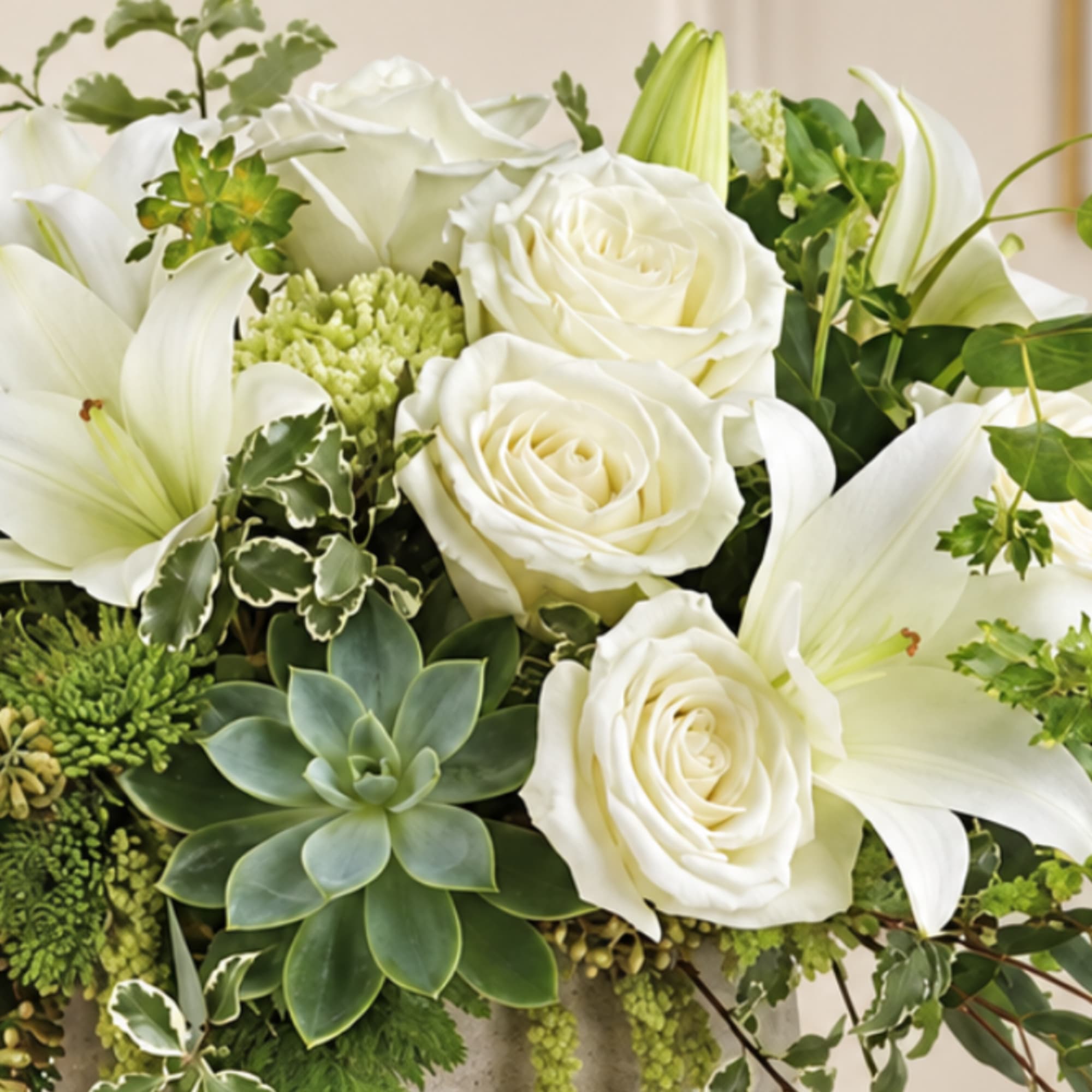 White roses and lilies arranged with a succulent in a vase