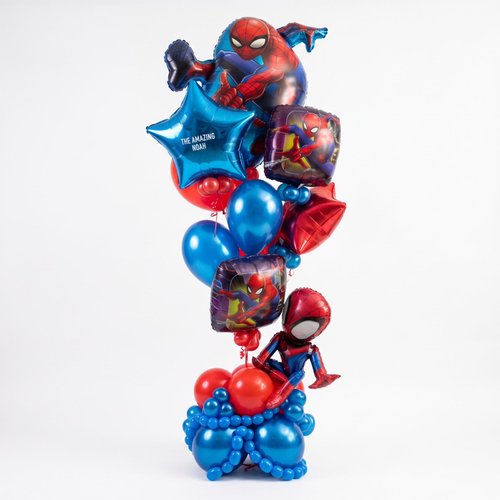 Spider-Man themed balloon bouquet with red and blue balloons