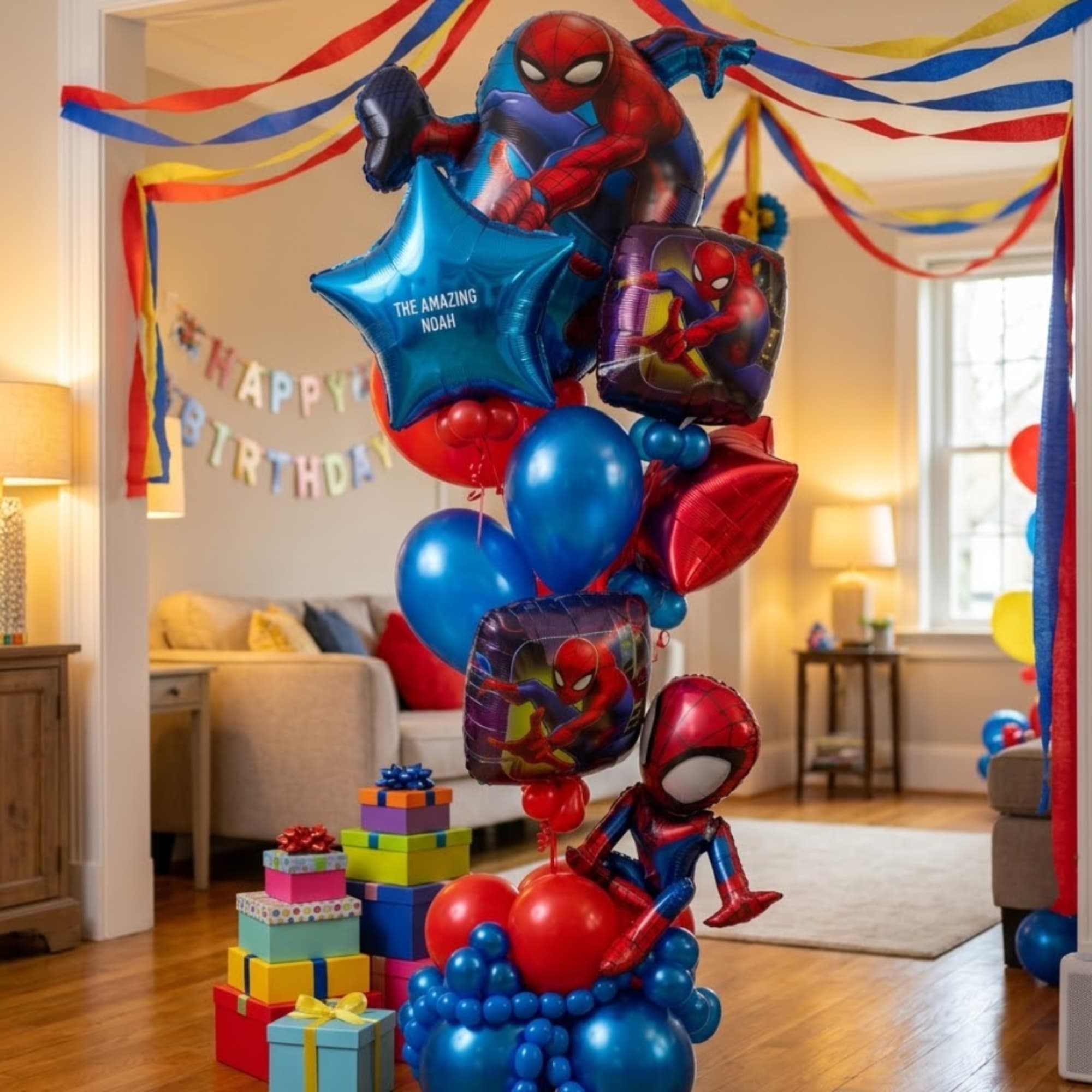 Spider-Man birthday balloon display with gift boxes in a living room