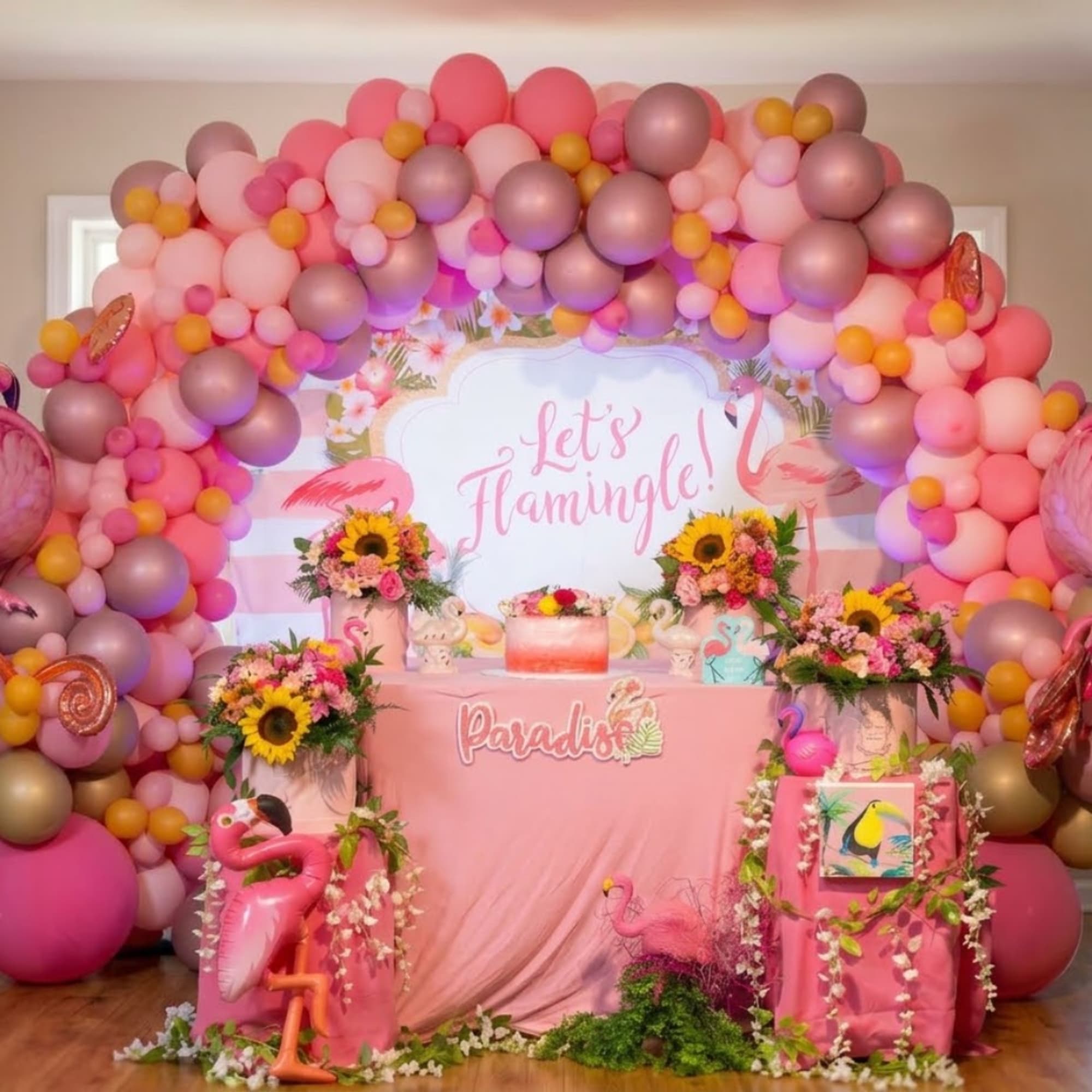 Pink balloon arch with floral arrangements and flamingo decorations around a party table, photo 2 of 7