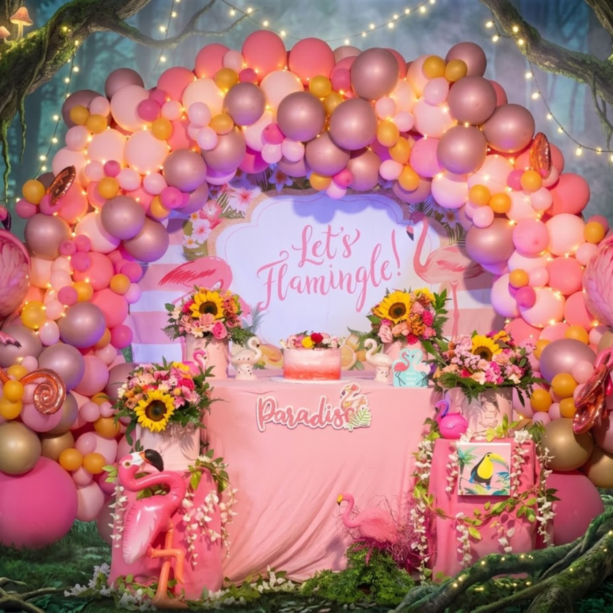 Pink balloon arch around a flamingo-themed party display with flower arrangements