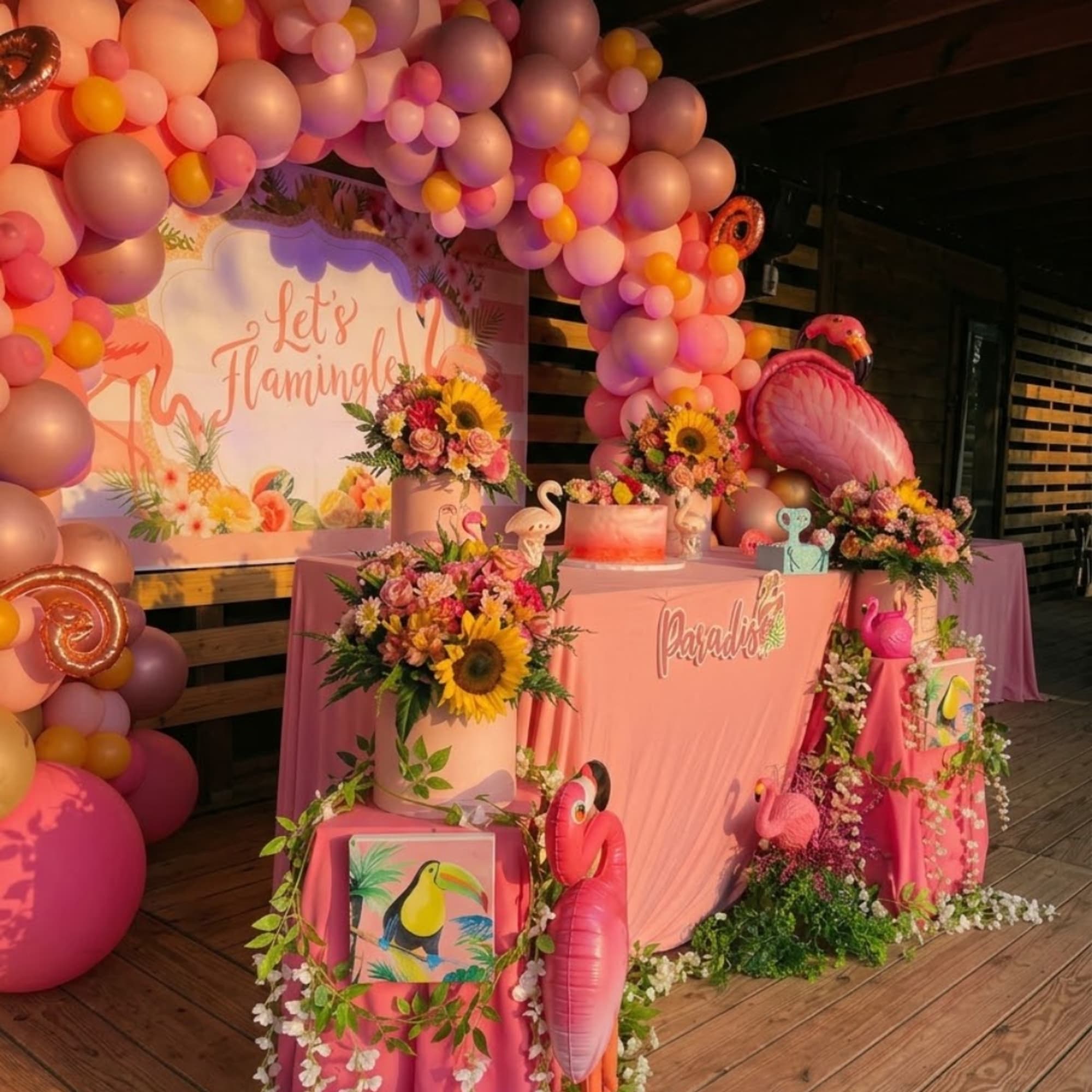 Pink flamingo-themed party display with flower arrangements and balloons