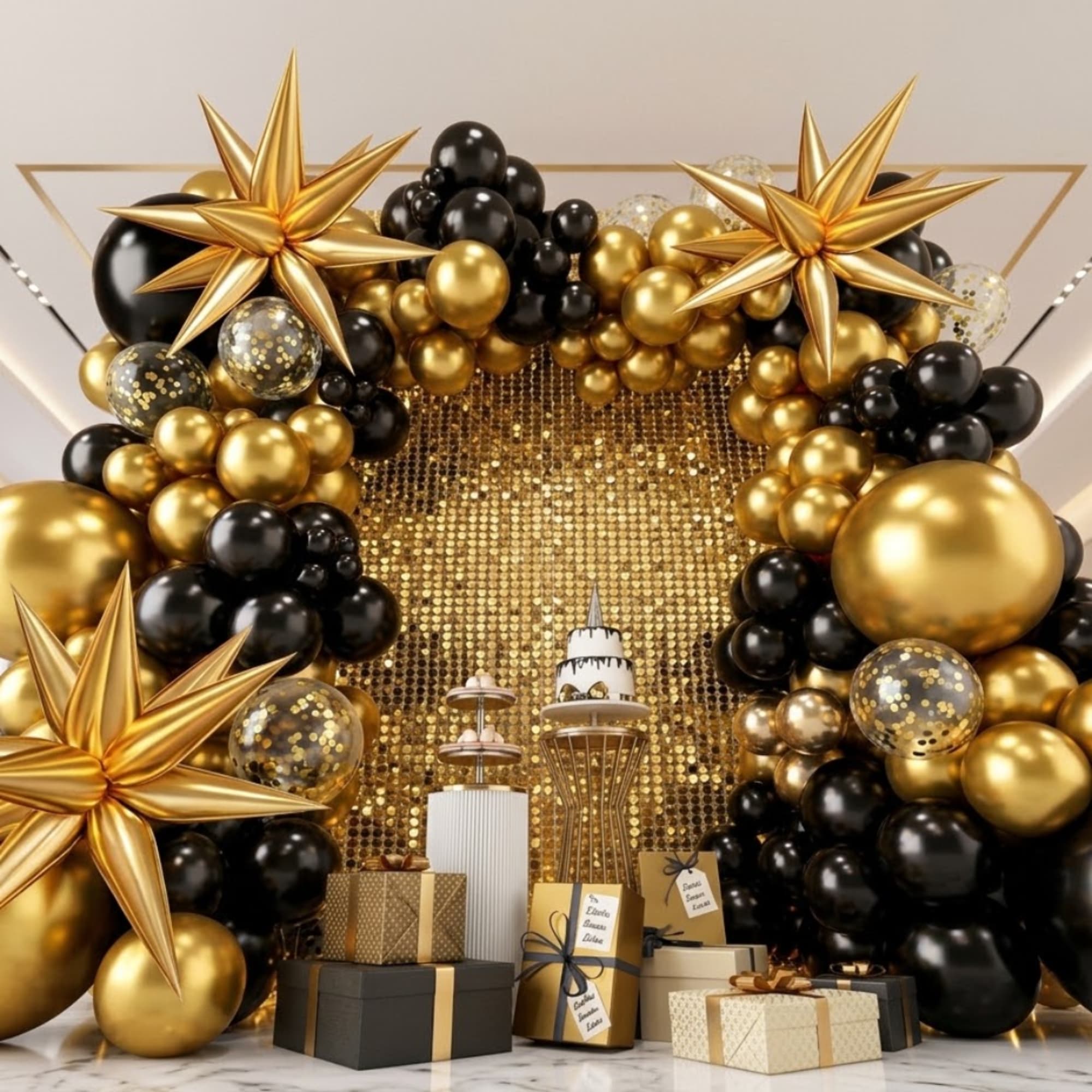 Gold and black balloon arch with star decorations and gift boxes around a cake display