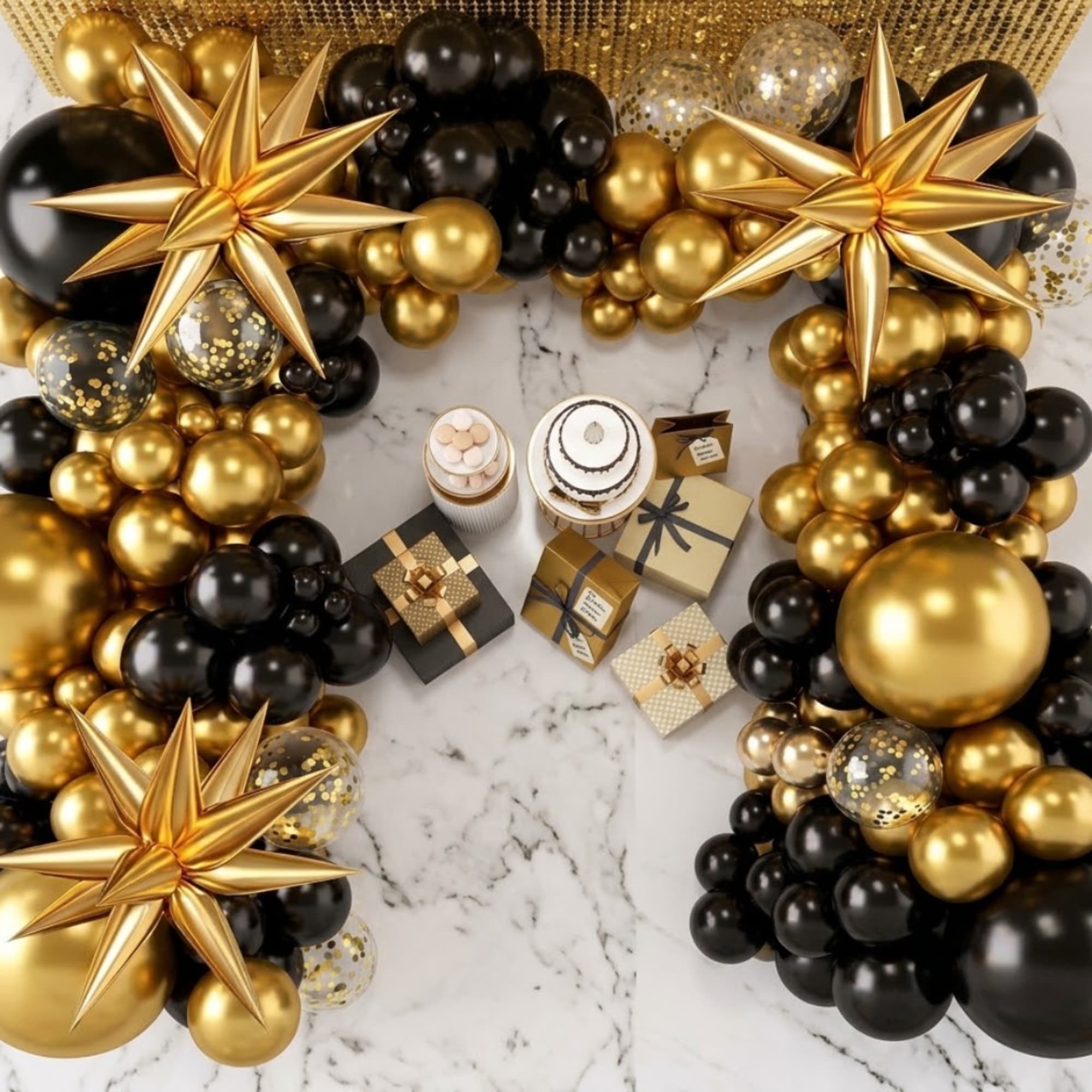 Black and gold balloon arch with star balloons and gift boxes
