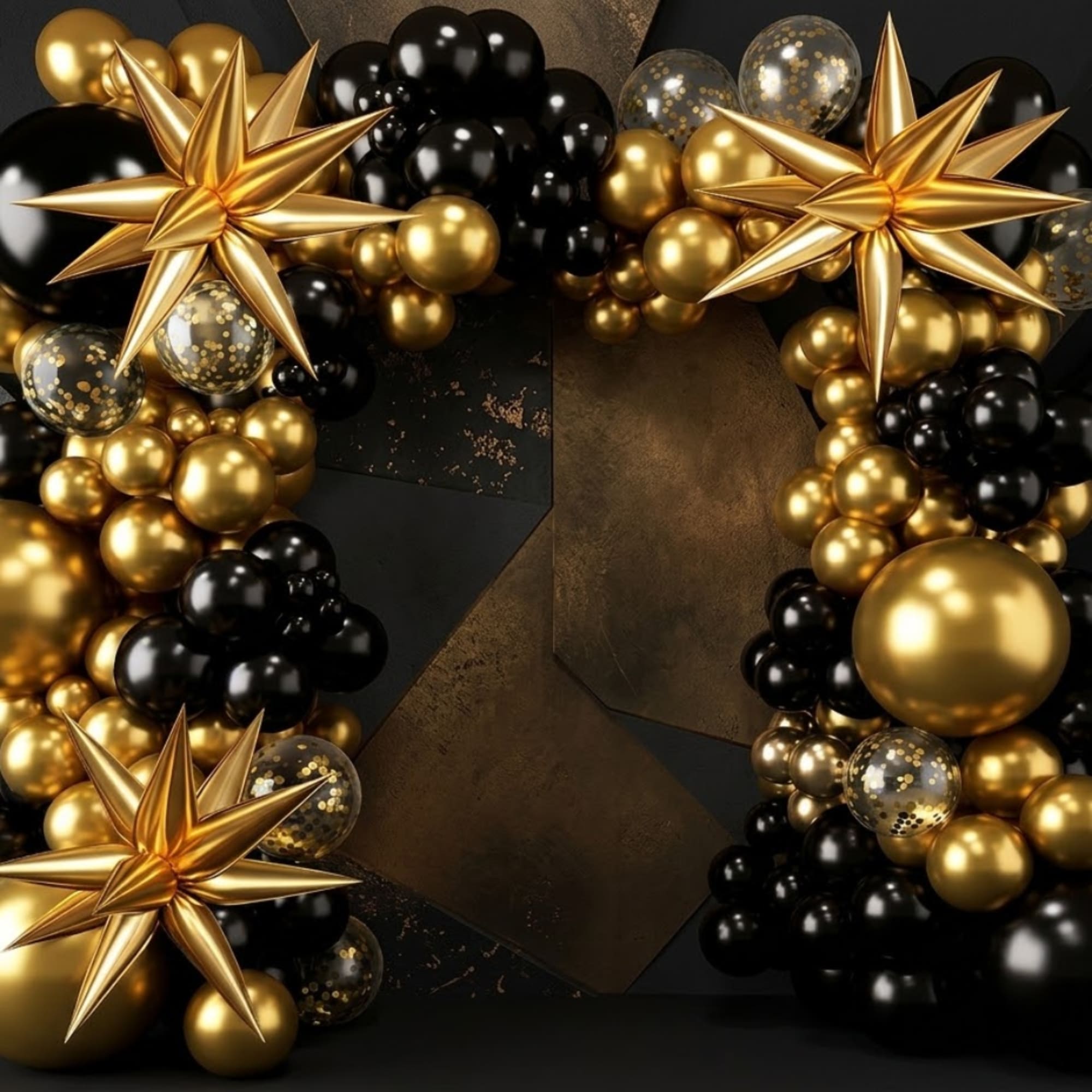 Black and gold balloon arch with metallic star decorations