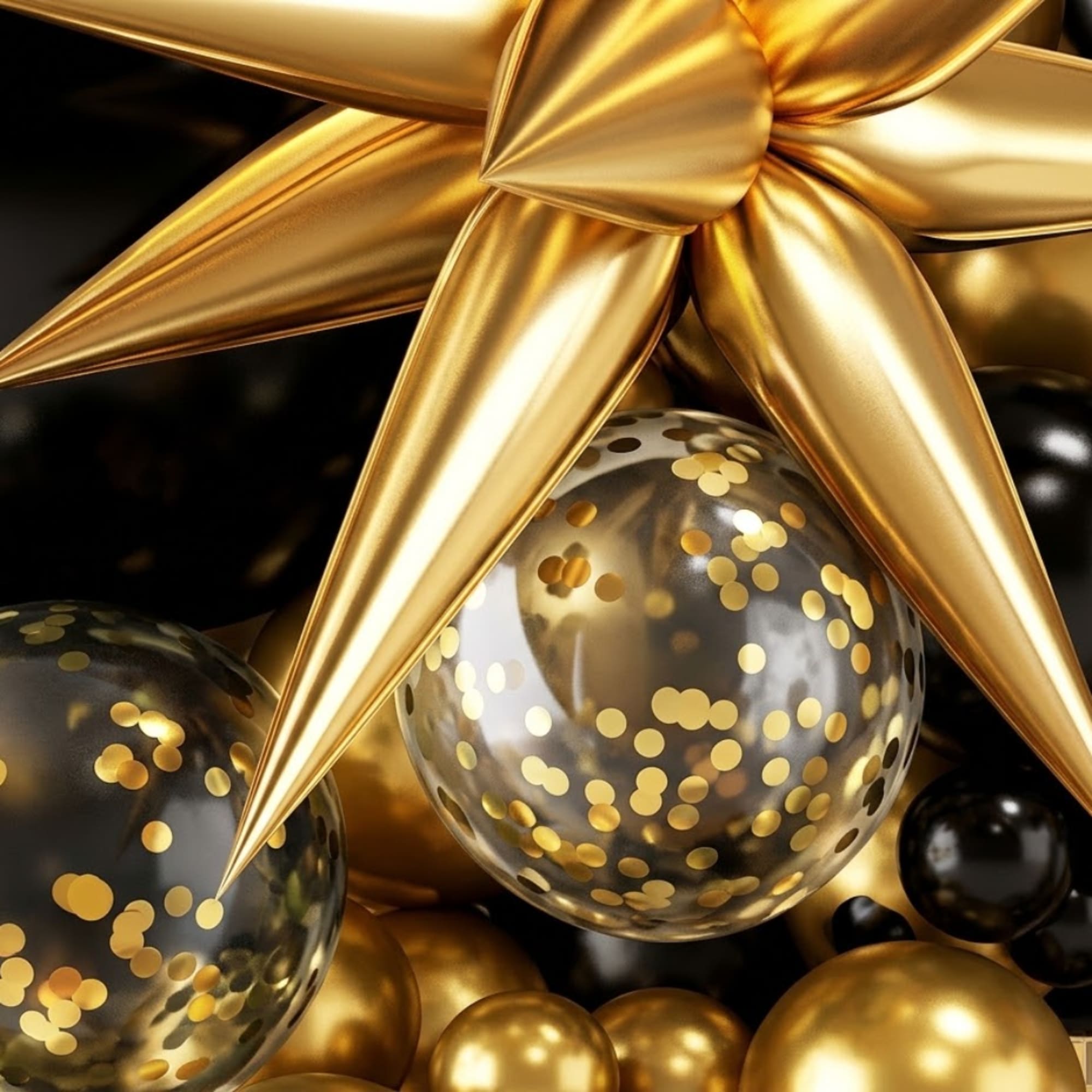 Gold star balloon with black and gold confetti balloons