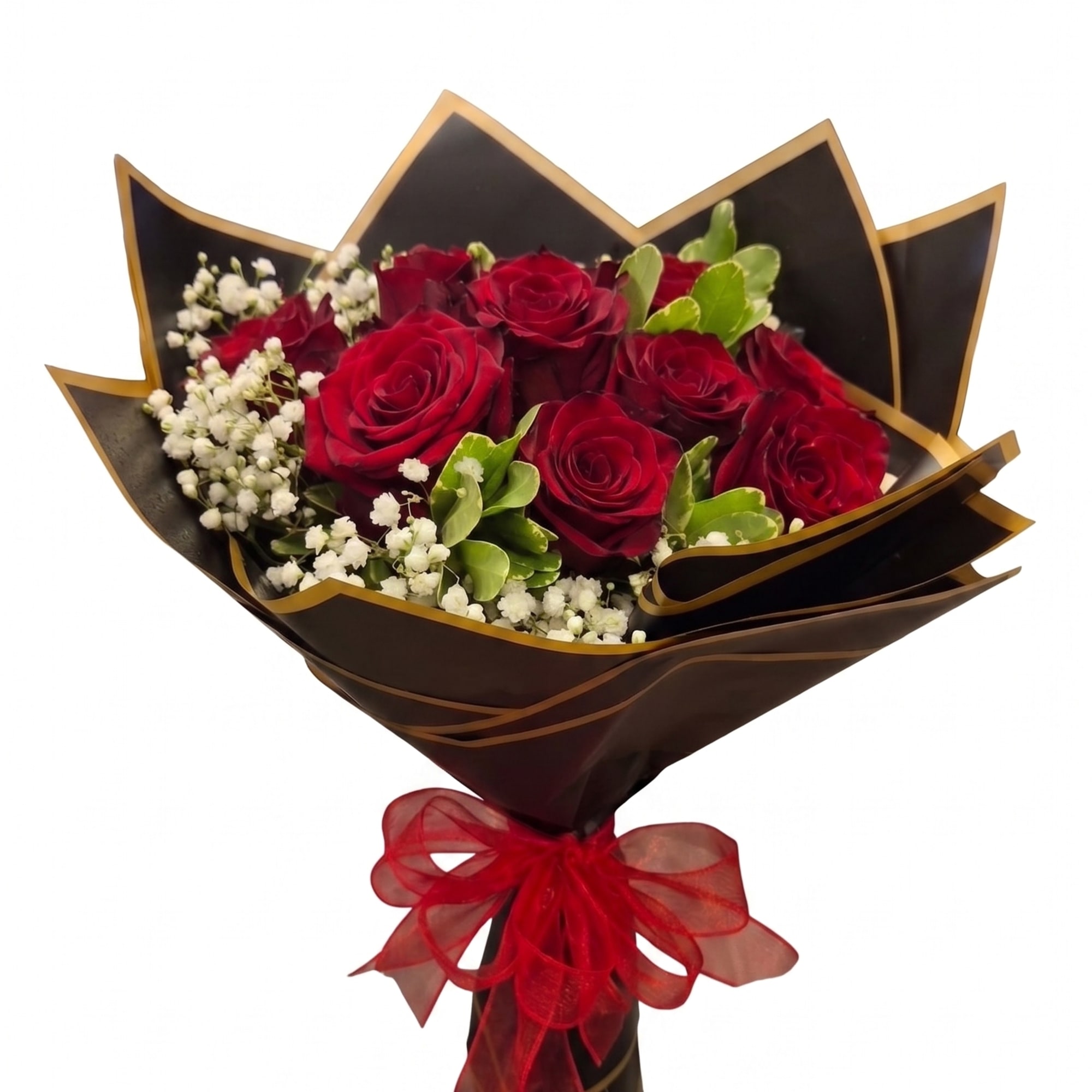 Bouquet of red roses with white baby's breath in black wrapping and a red ribbon