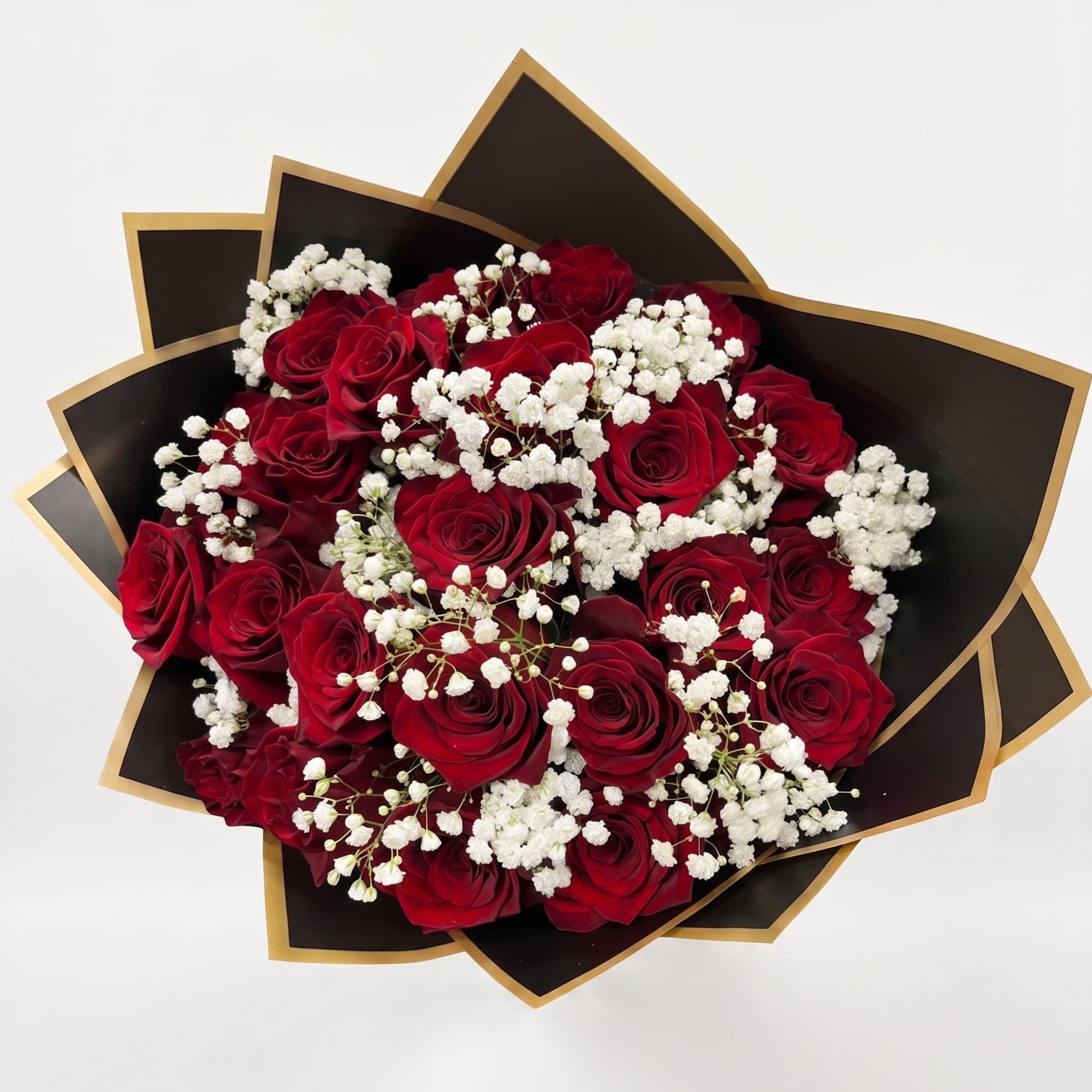 Bouquet of red roses with white baby's breath in black and gold wrap, photo 2 of 2