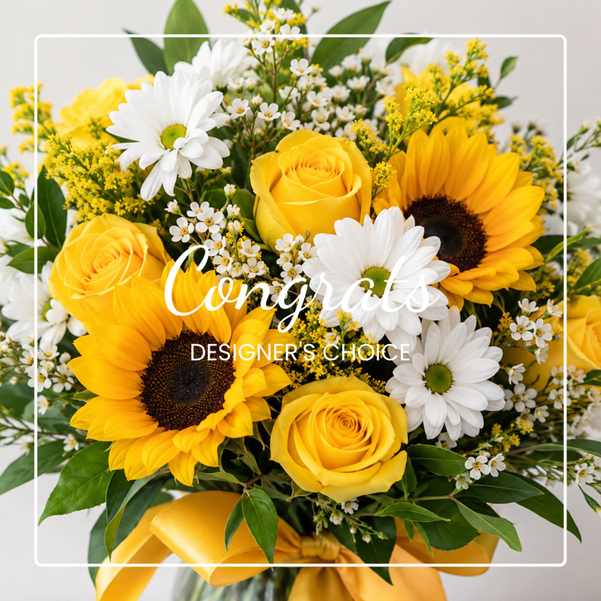 Yellow roses and sunflowers with white daisies in a bouquet