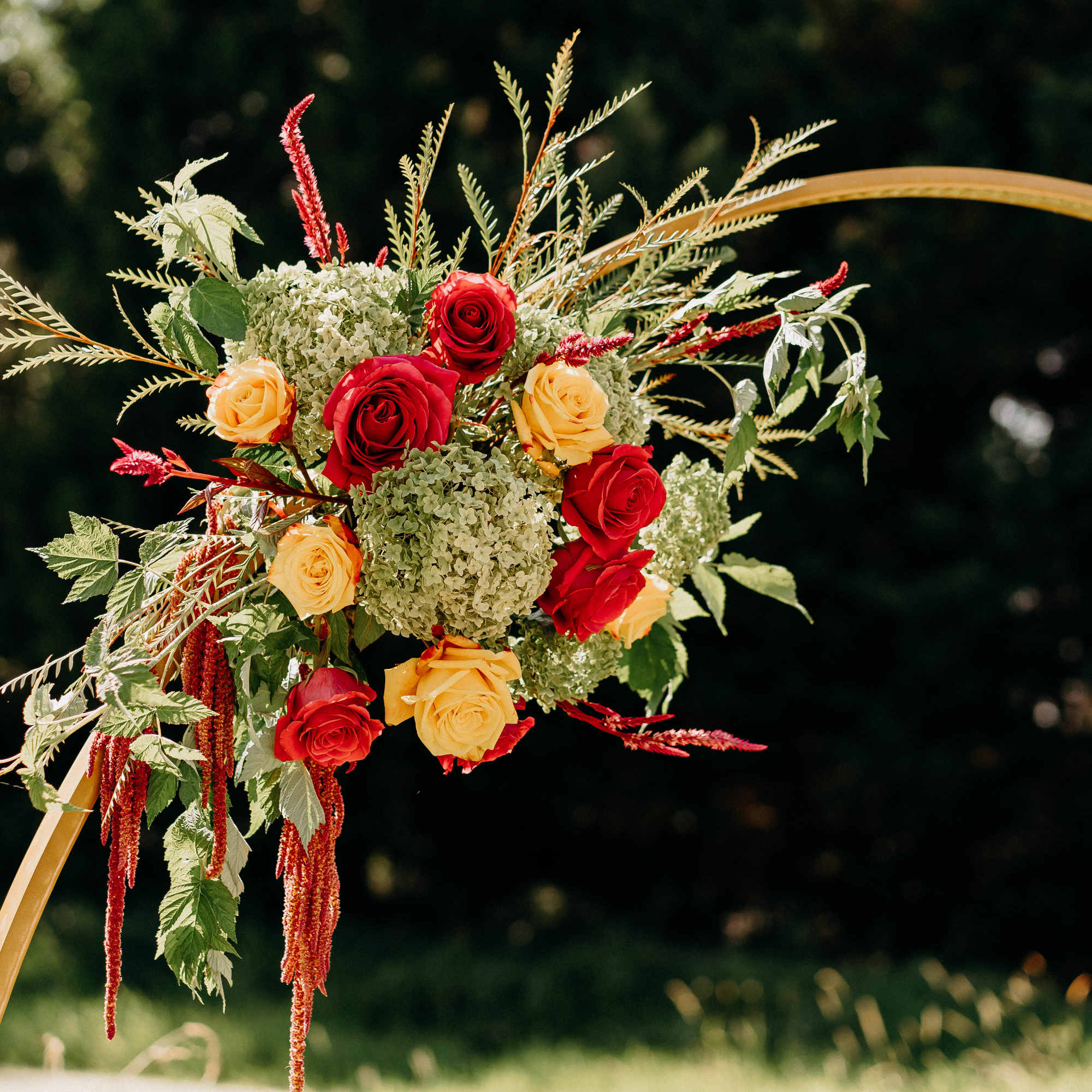 Red and yellow roses arranged with greenery on a gold arch