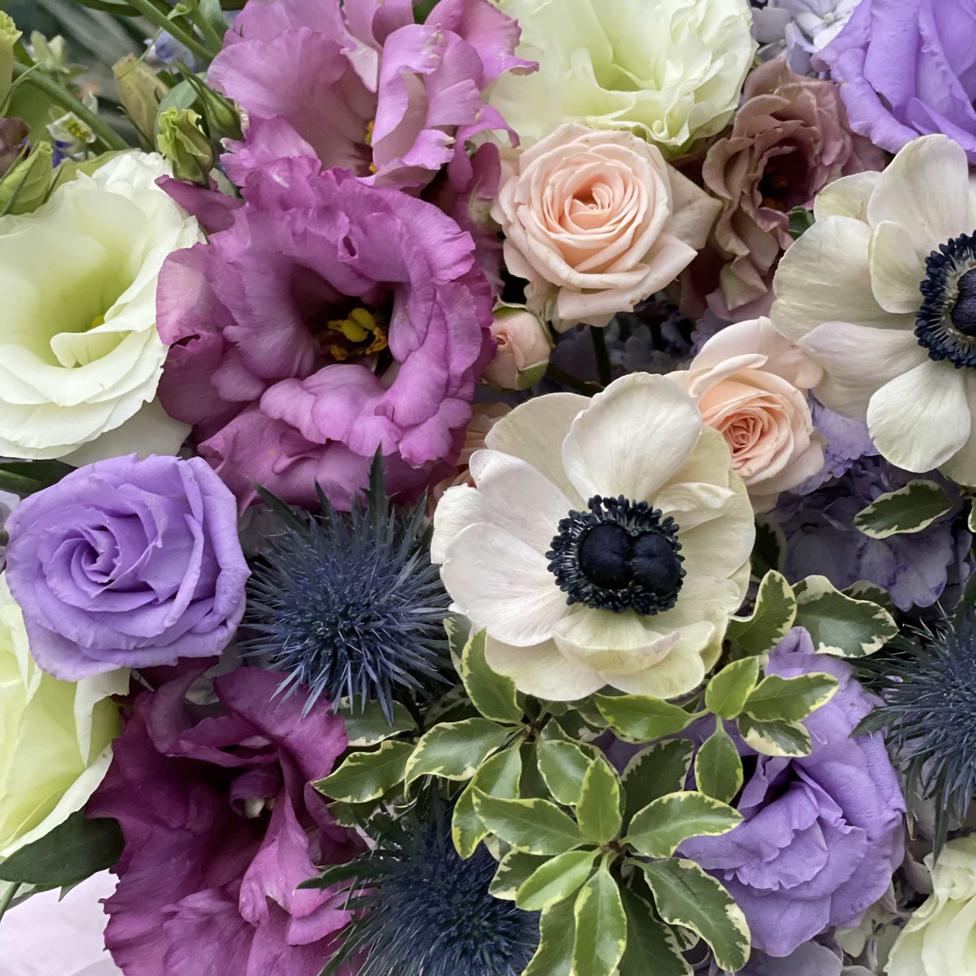 Bouquet of purple, white, and blush flowers with spiky blue accents