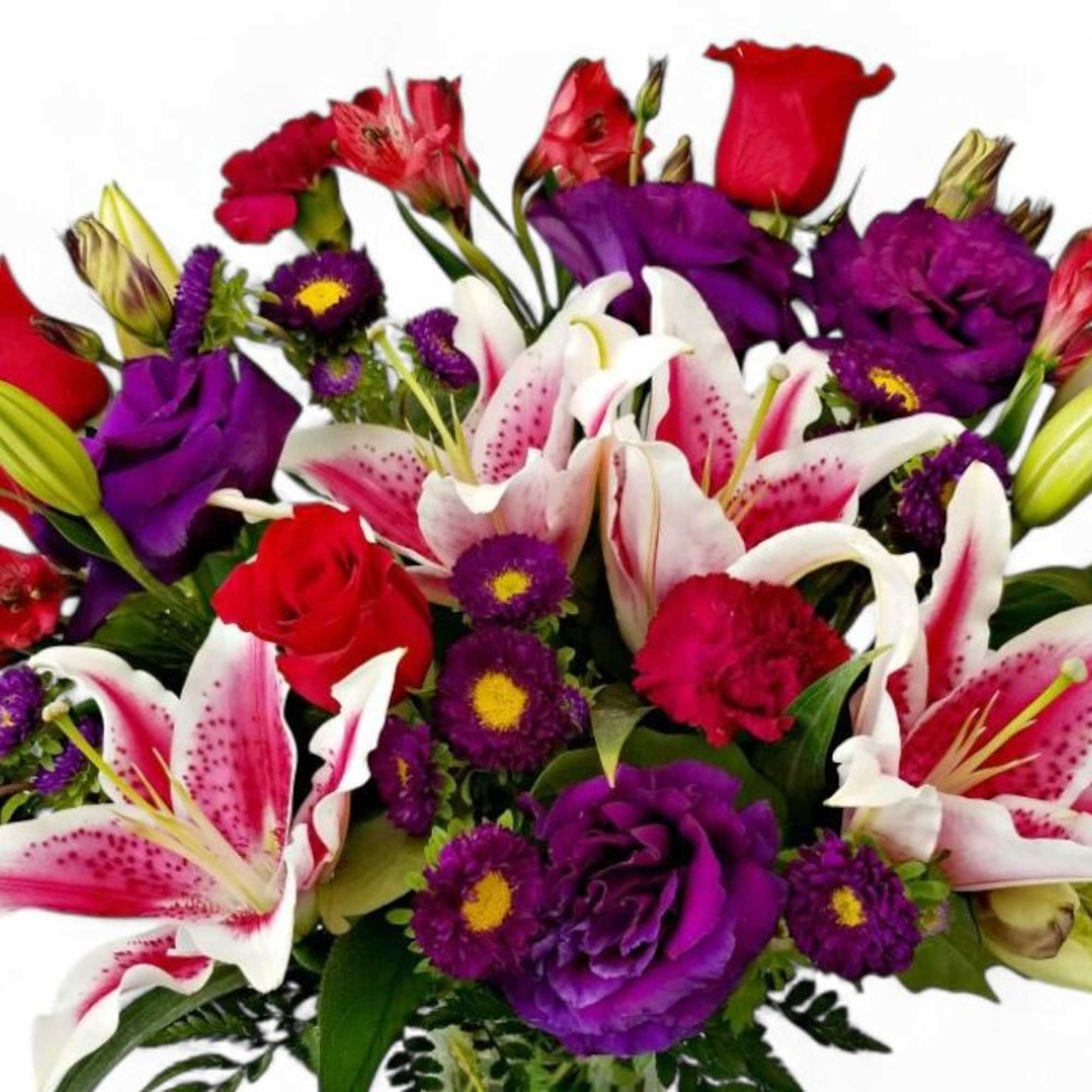 Bouquet of pink and white lilies with red and purple roses