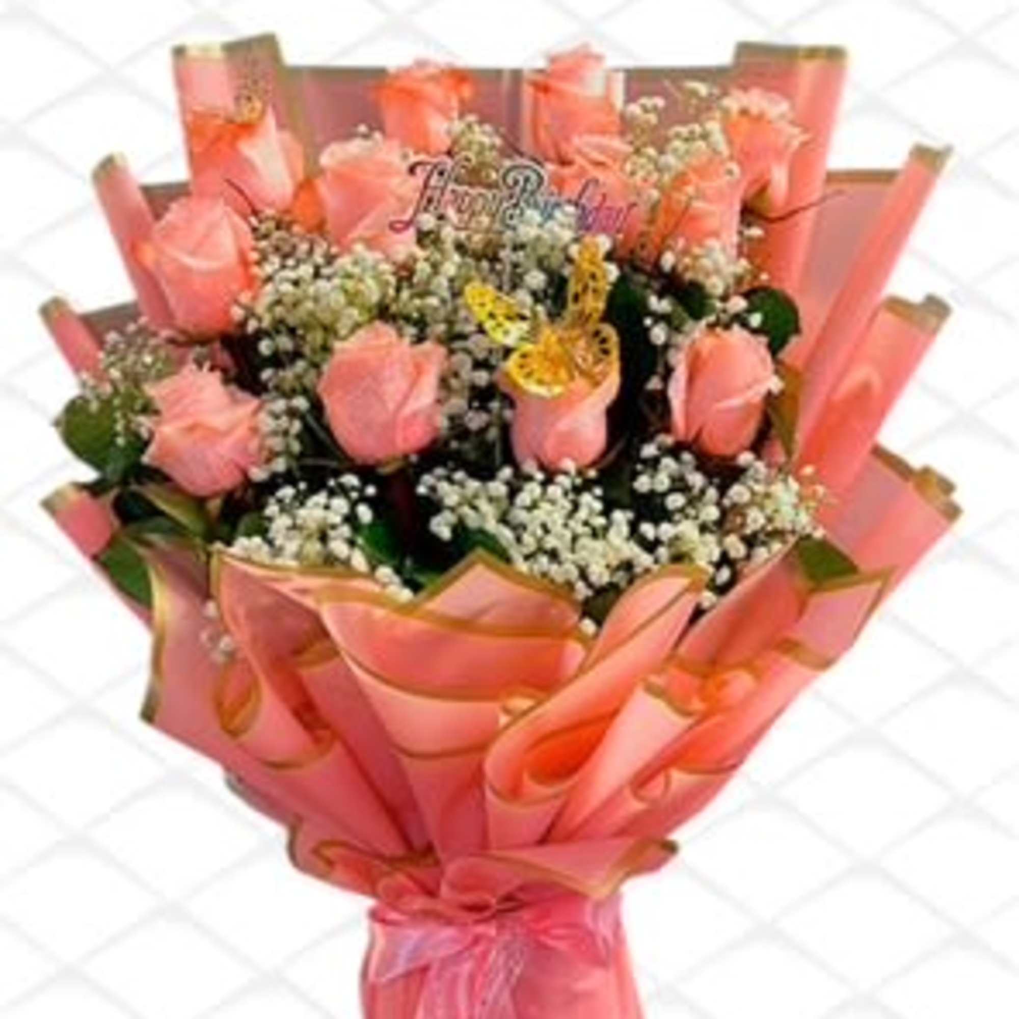 Bouquet of pink roses wrapped in pink paper with a ribbon