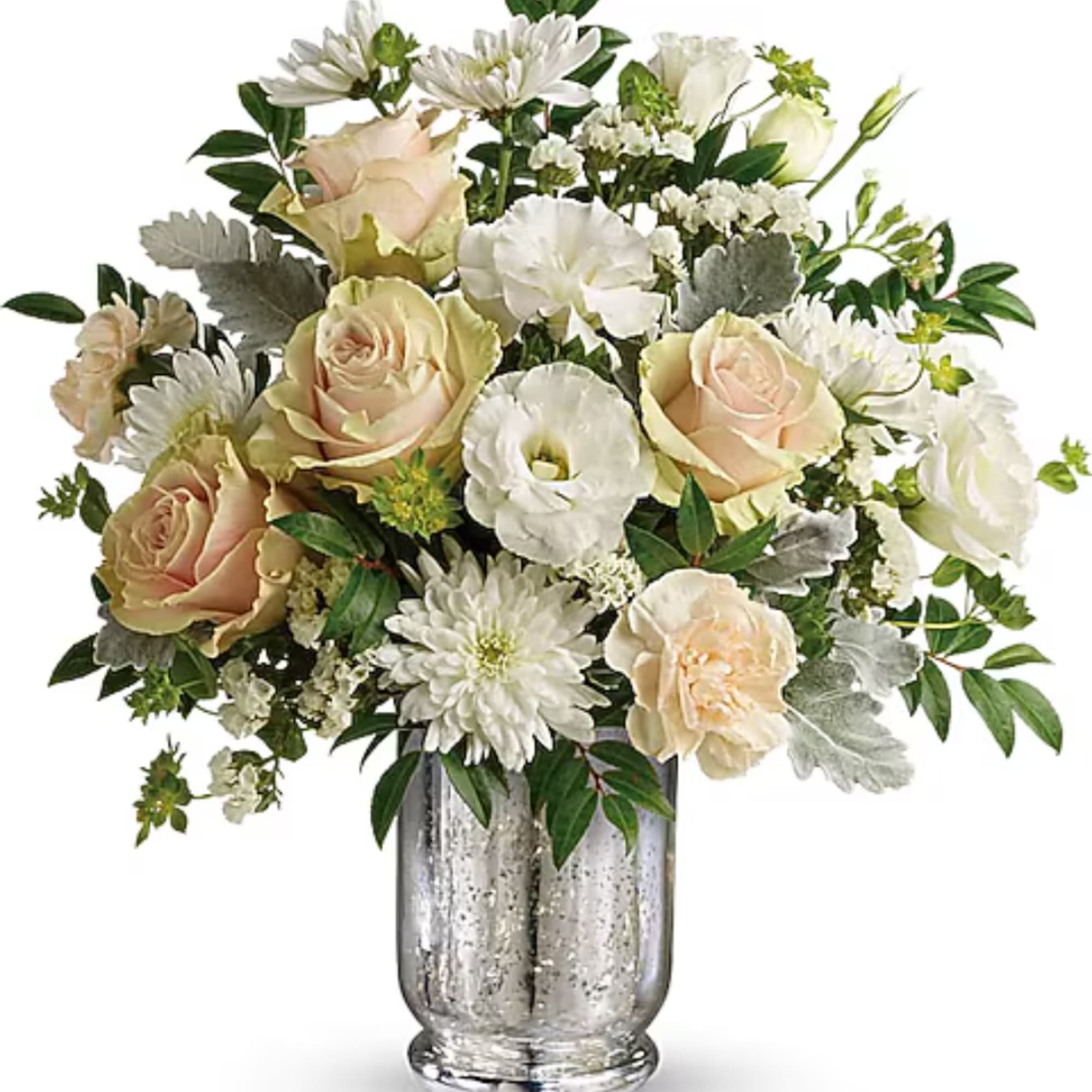 Cream and white mixed flowers arranged in a silver glass vase