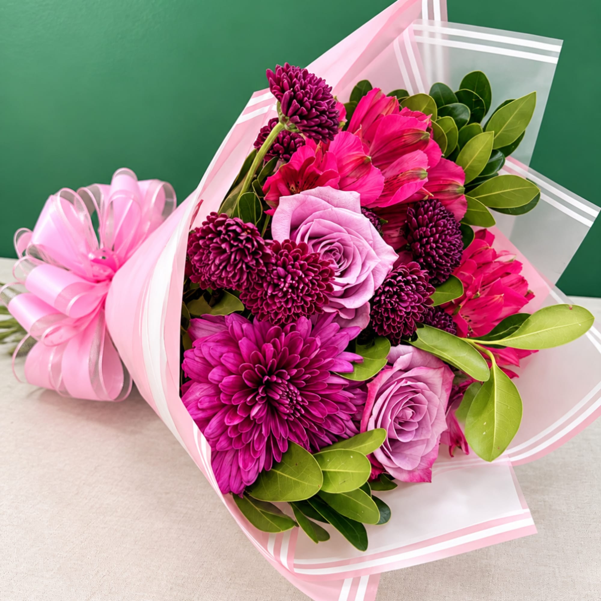 Pink and purple bouquet wrapped in clear and pink paper with a ribbon bow