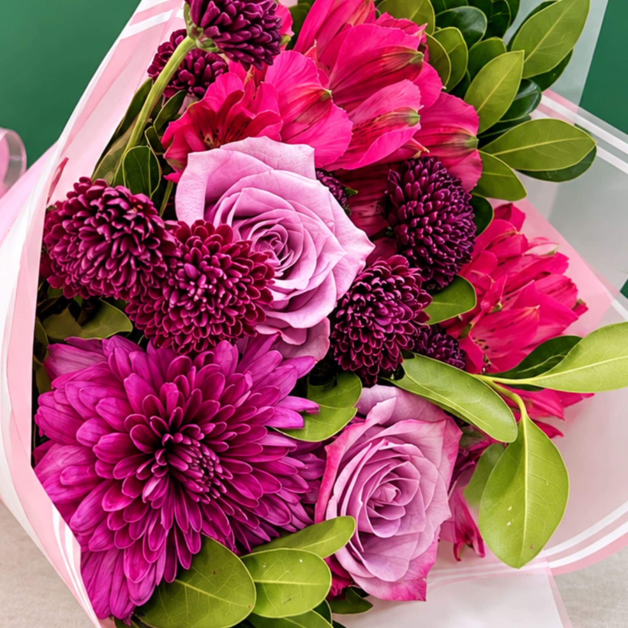 Bouquet of pink and purple flowers wrapped in pale pink paper