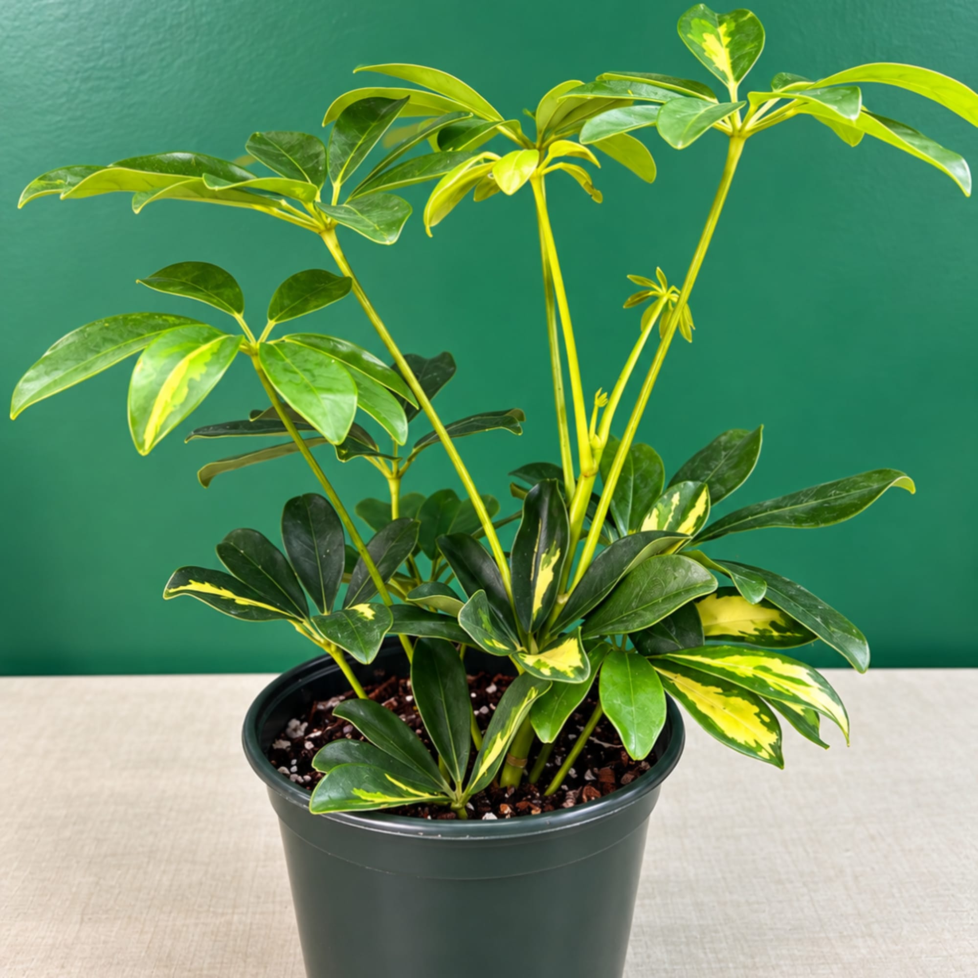 Variegated potted schefflera plant in a black nursery pot