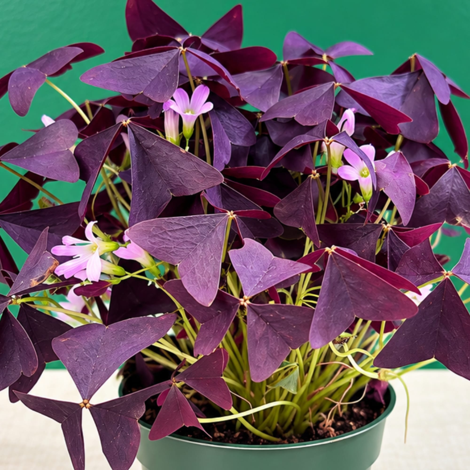 Purple shamrock plant with small pink flowers in a green pot
