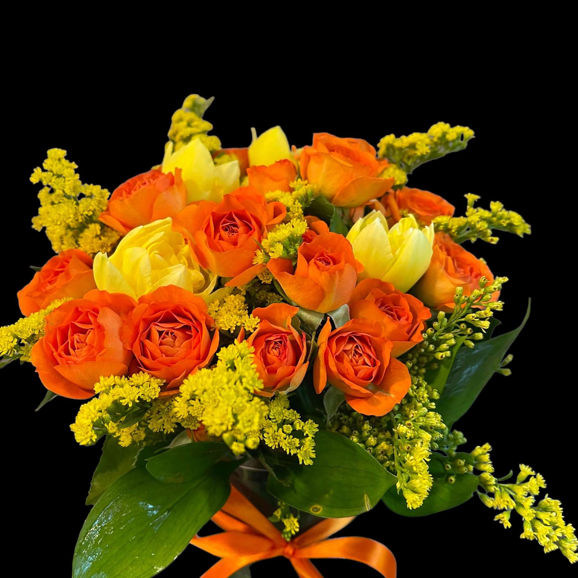 Orange and yellow rose bouquet tied with an orange ribbon