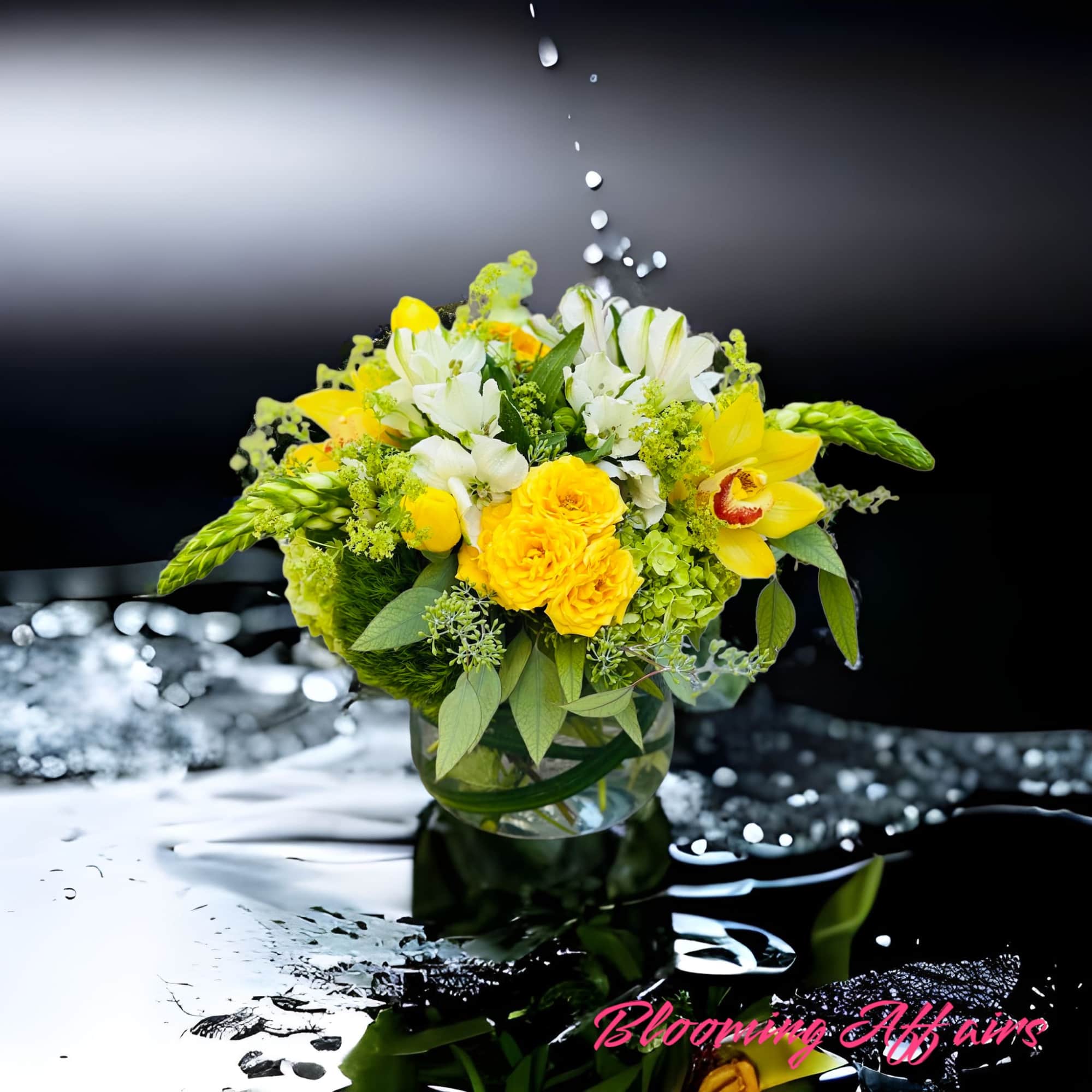 Yellow and white flower arrangement in a glass vase