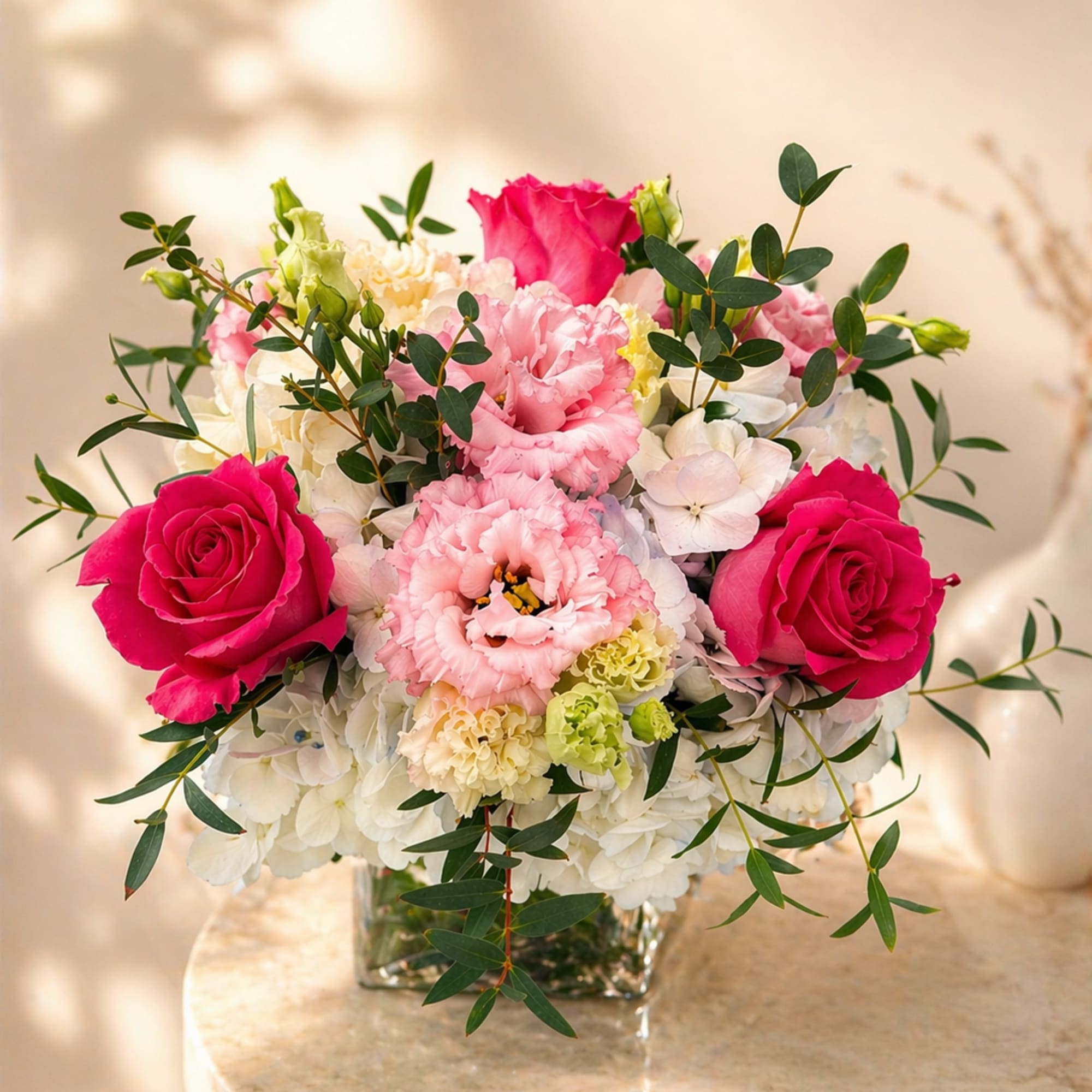 Roses, Lisianthus and Hydrangeas in a vas 
as in the picture (Standard, photo 2 of 3