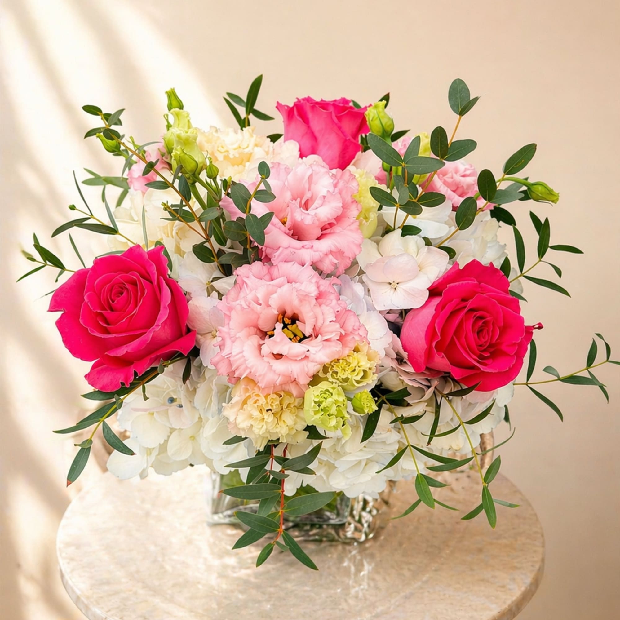 Roses, Lisianthus and Hydrangeas in a vas 
as in the picture (Standard, photo 3 of 3