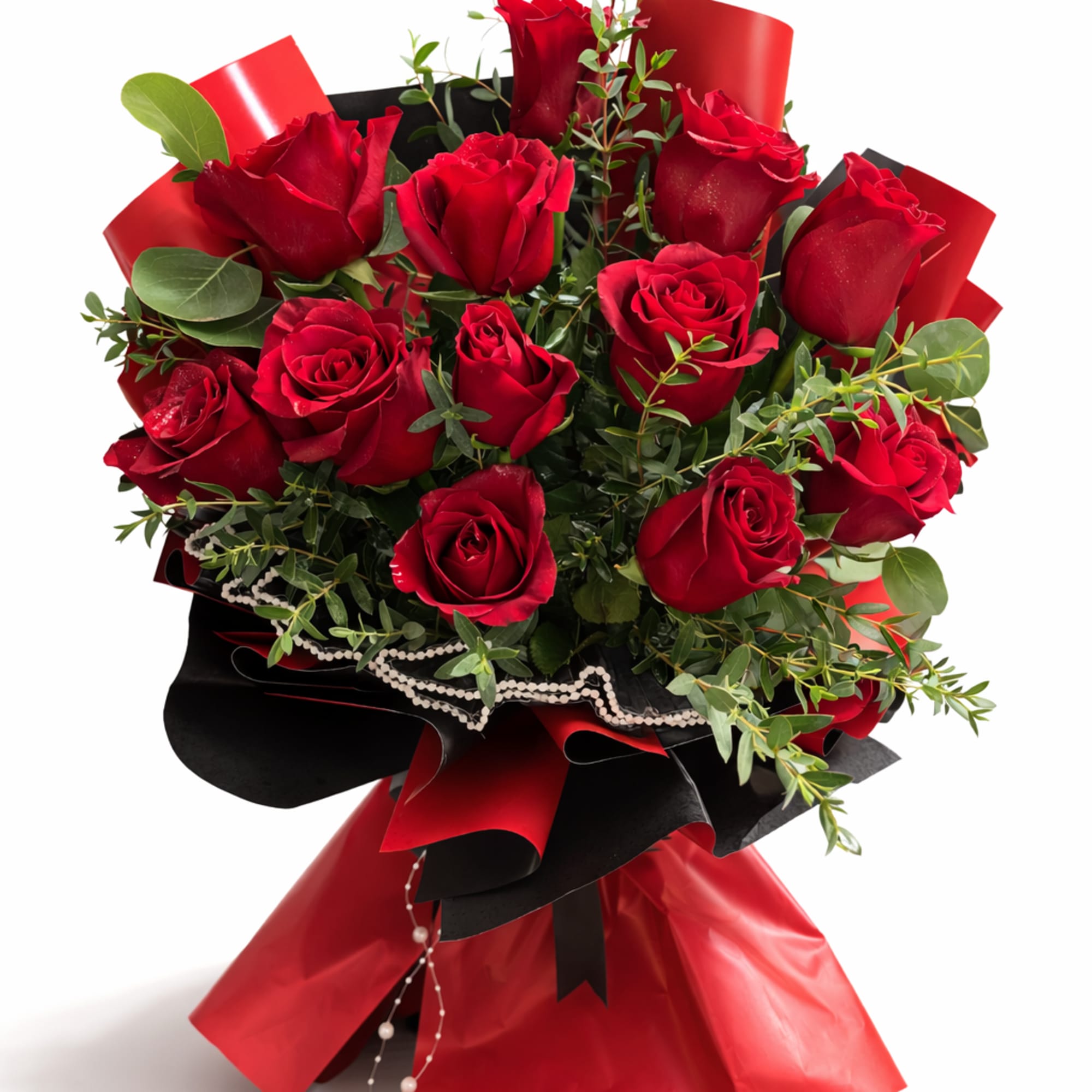 Bouquet of red roses with black and red wrapping