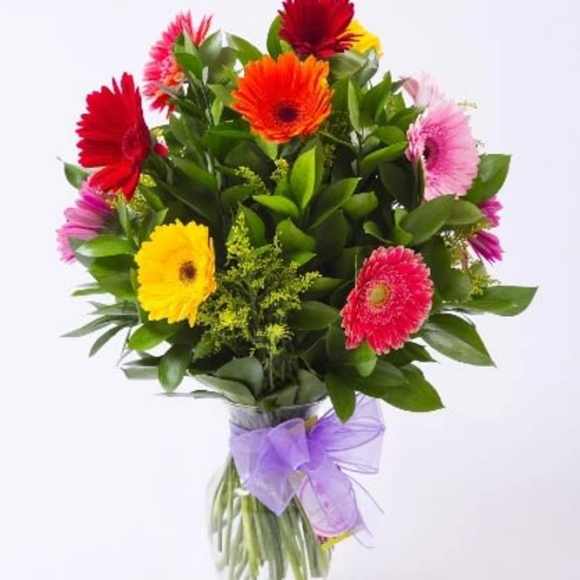 This arrangement is a medium/tall round arrangement in a classic dozen glass
