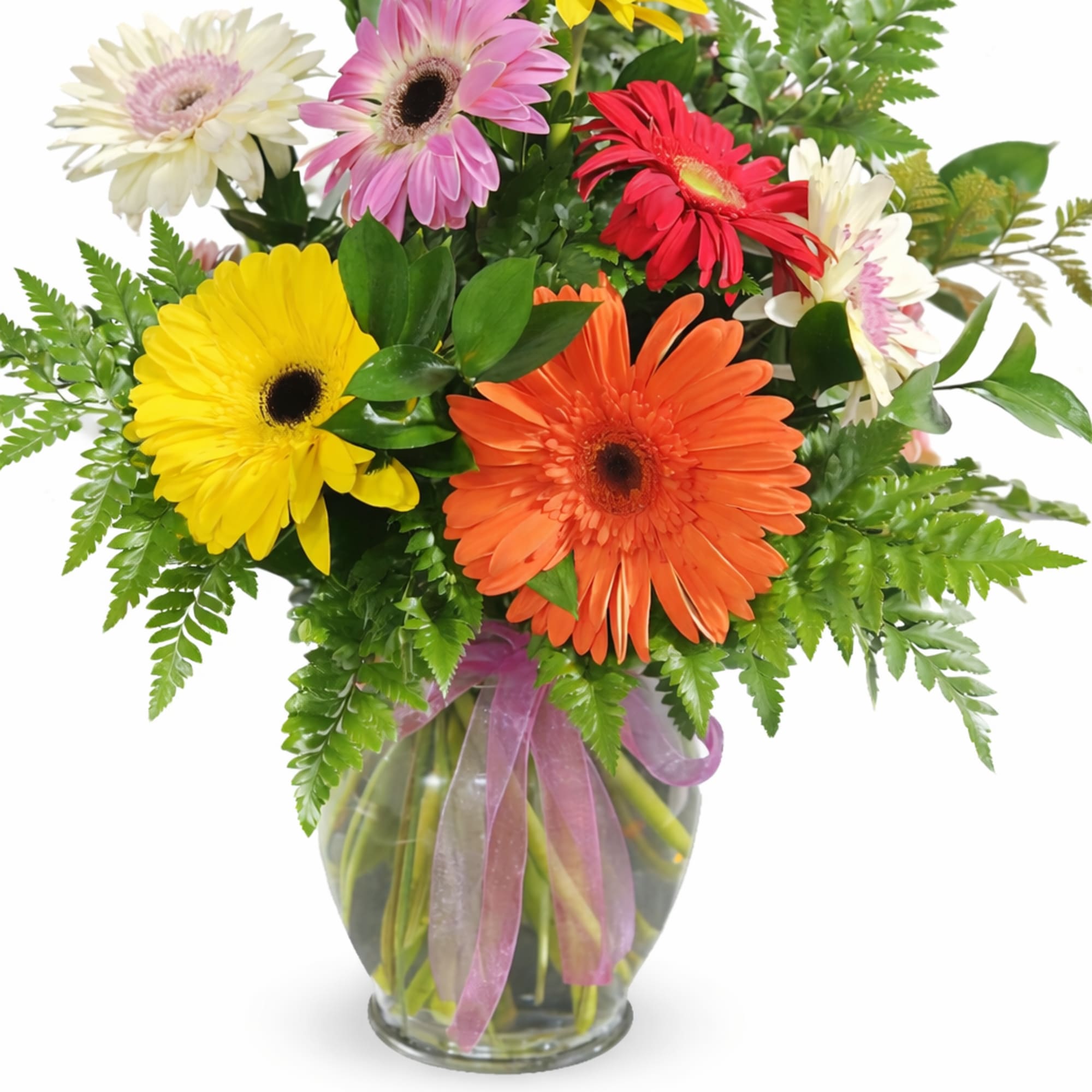 This arrangement is a medium/tall round arrangement in a classic dozen glass, photo 2 of 2