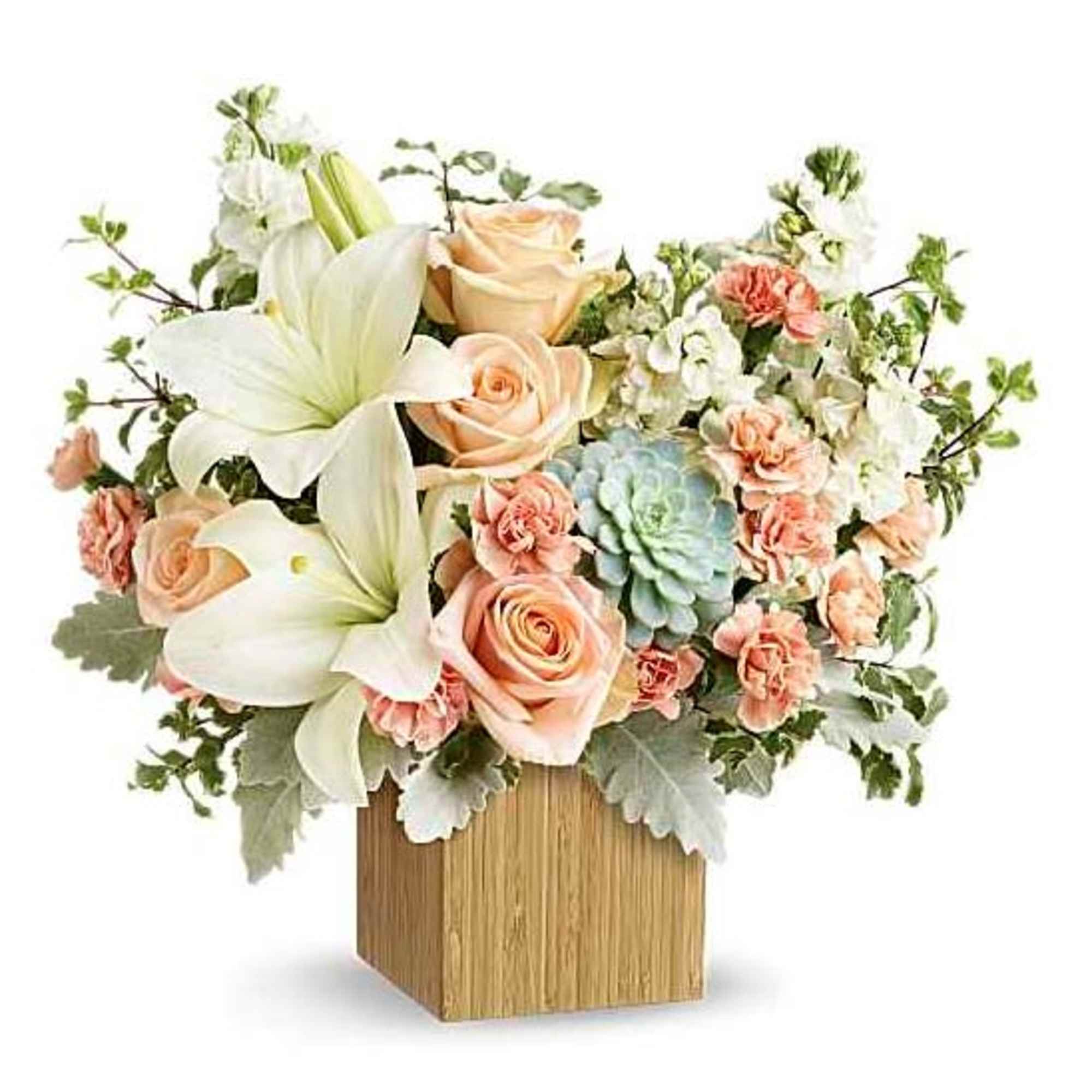 Reminiscent of a desert sunrise, this modern mix of peach blooms, white