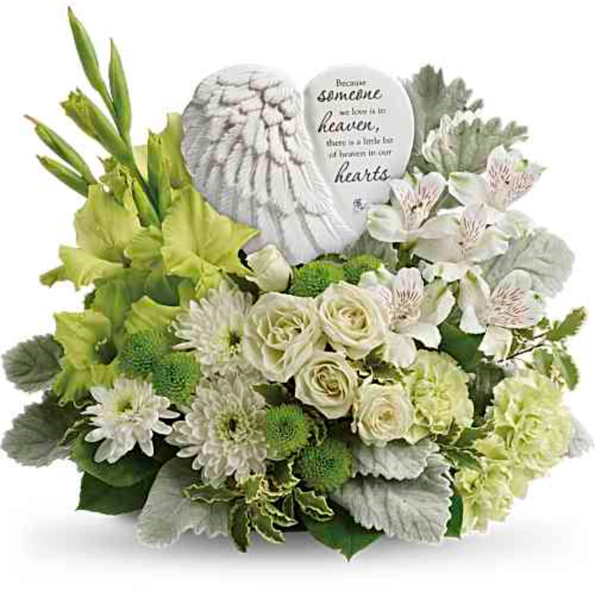 White and green sympathy bouquet with a memorial angel plaque
