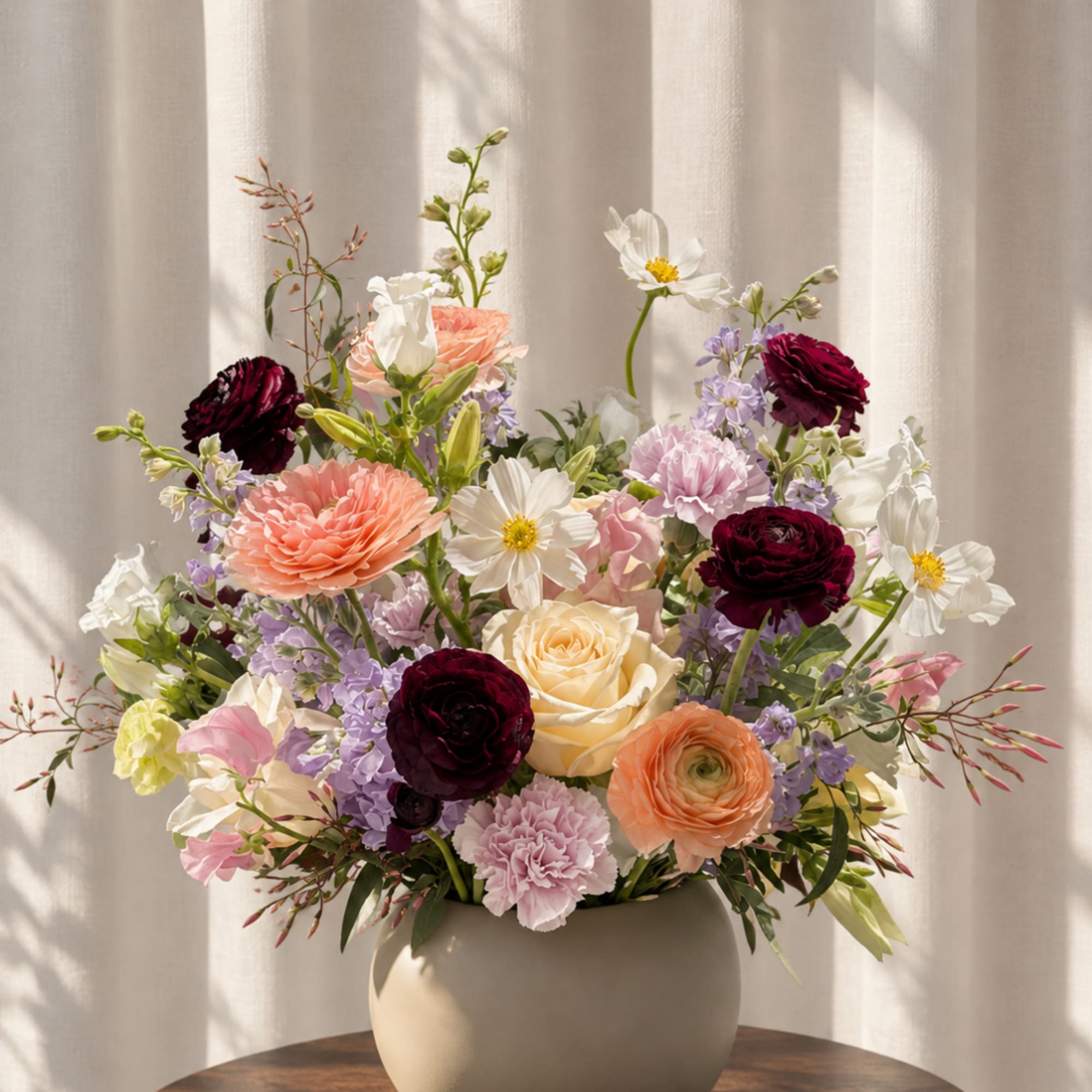 Mixed bouquet in a beige vase with pink, white, and burgundy blooms
