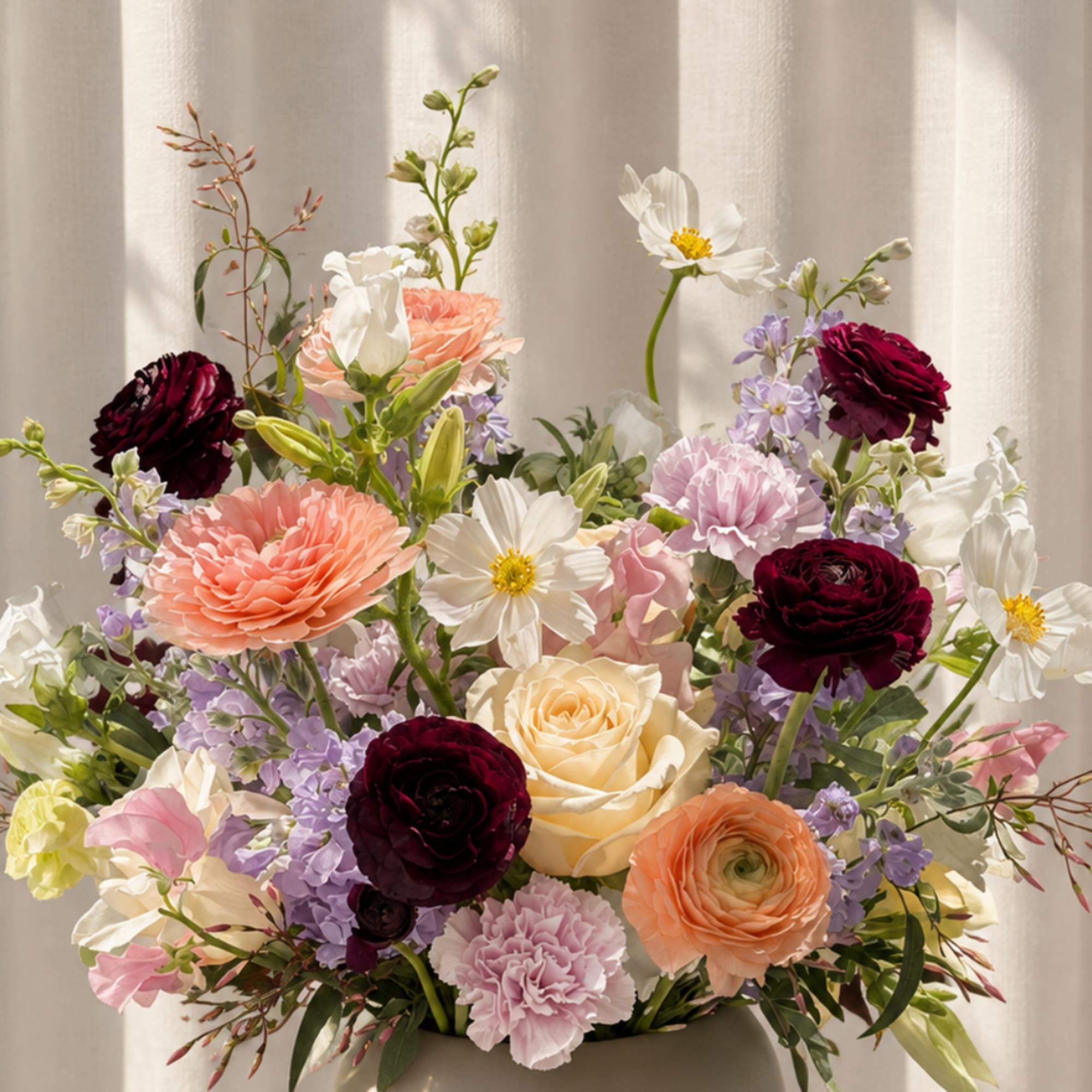 Mixed bouquet of roses, ranunculus, carnations, and cosmos in a vase