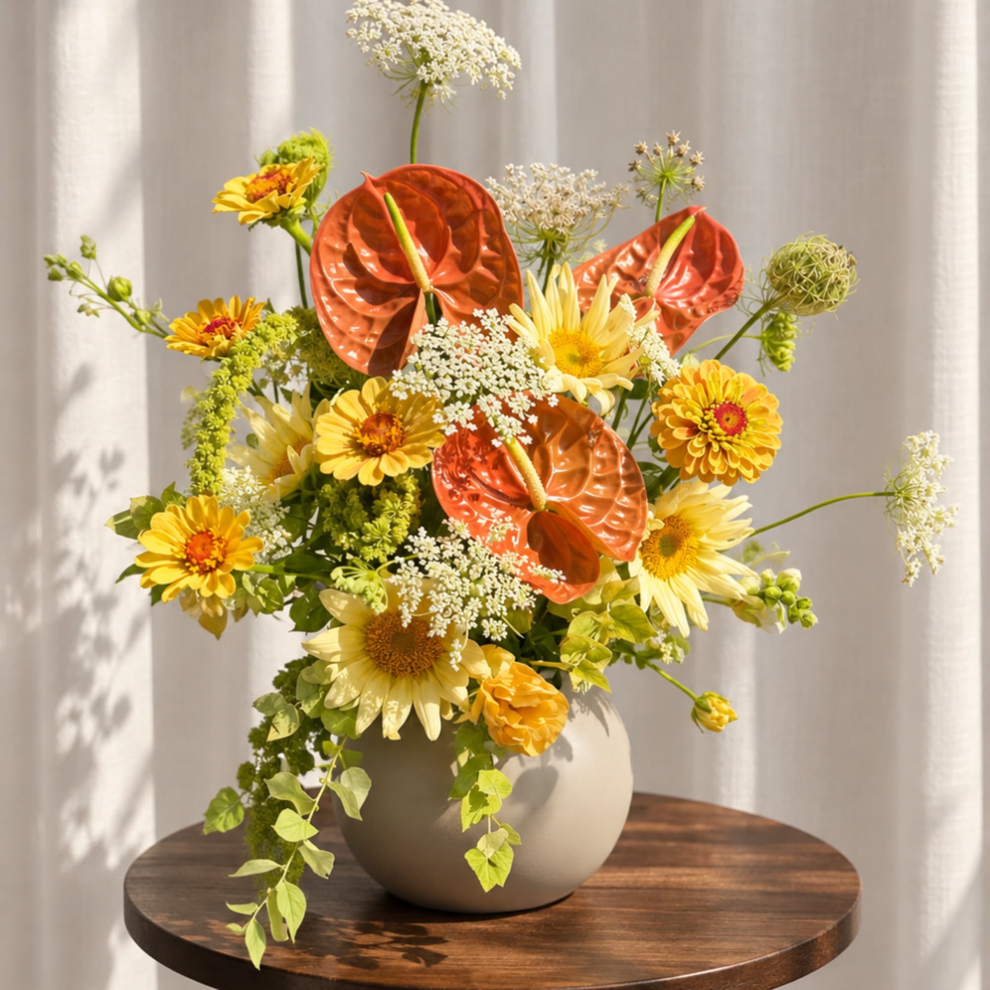 Yellow flowers and orange anthuriums arranged in a round vase