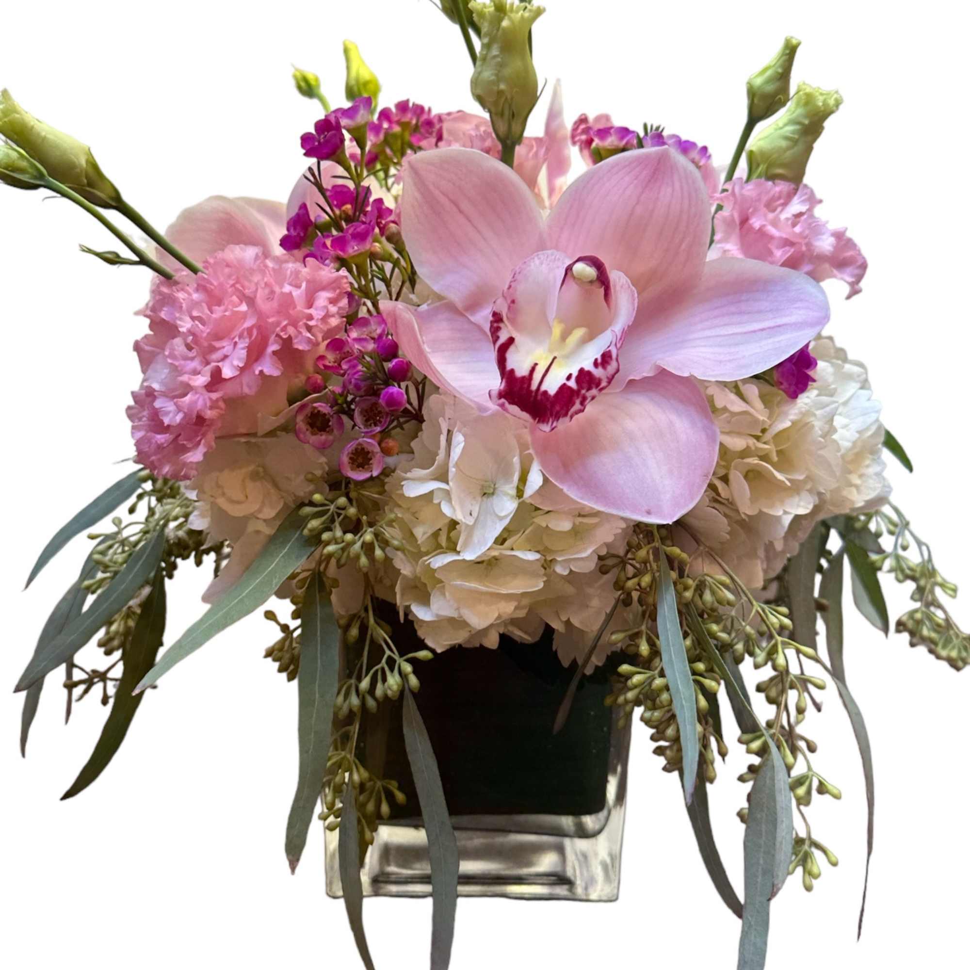 Pink orchid and hydrangea arrangement in a square vase, photo 2 of 4