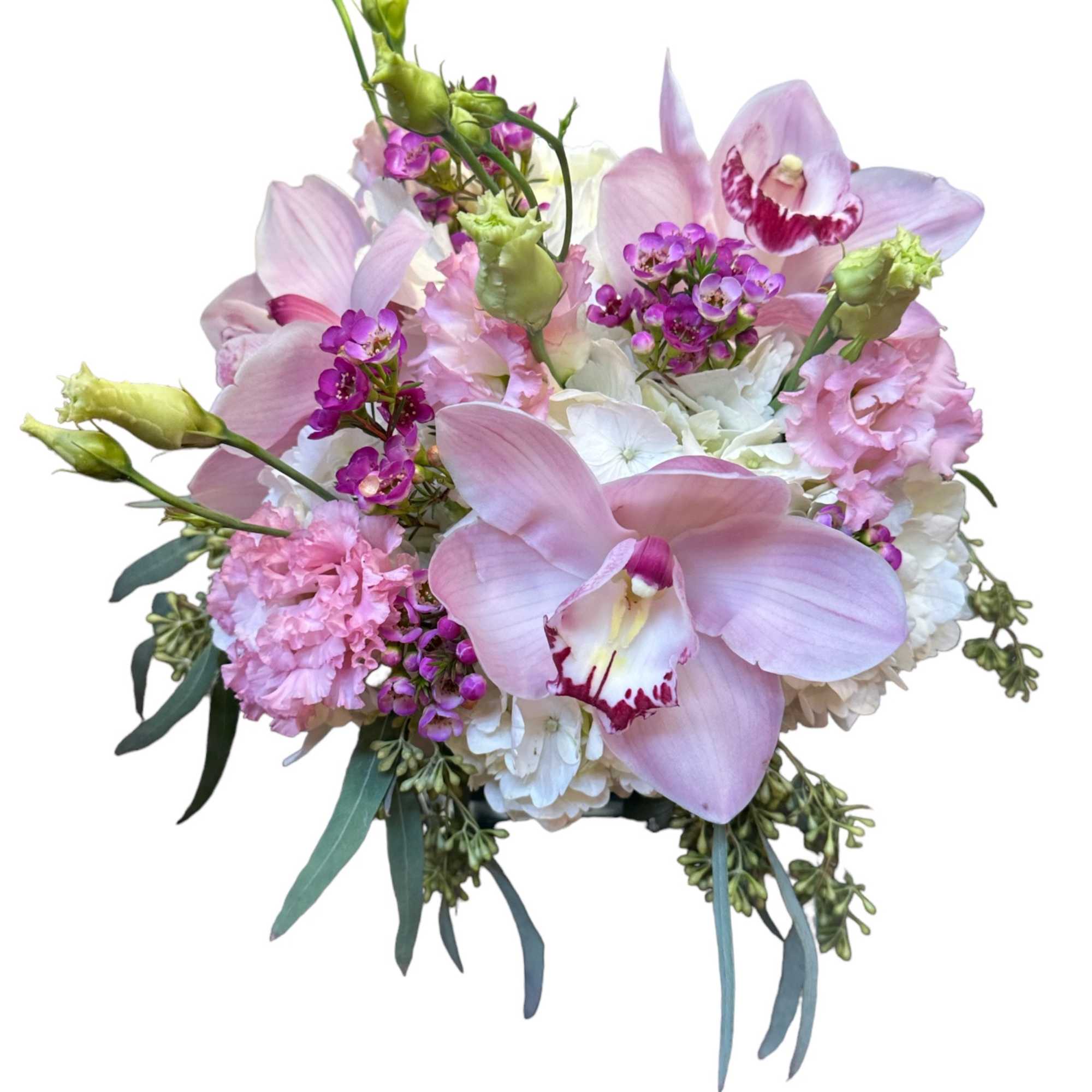 Pink orchid bouquet with white and lavender blooms