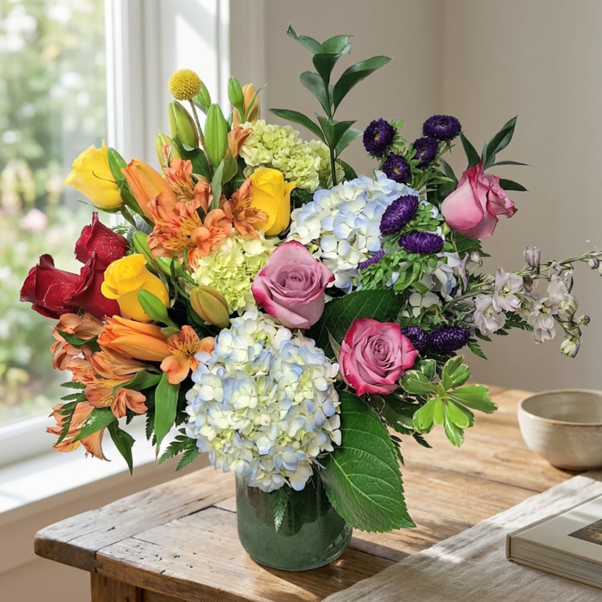 Mixed bouquet of roses, hydrangeas, lilies, and purple blooms in a glass vase