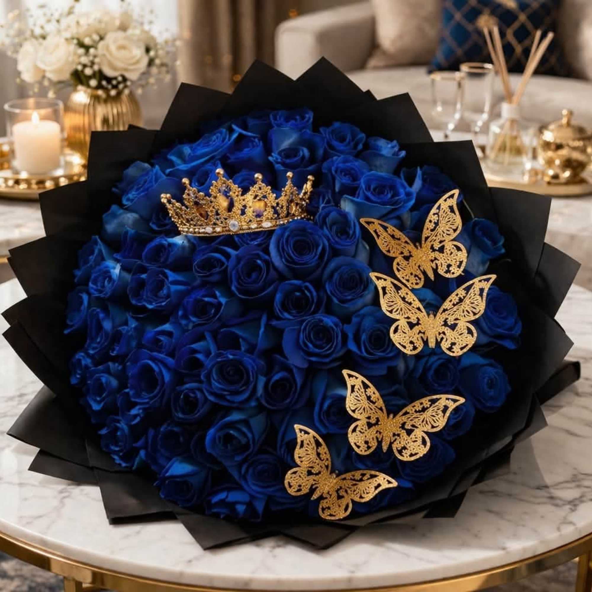 Bouquet of blue roses with gold butterfly decorations and a crown