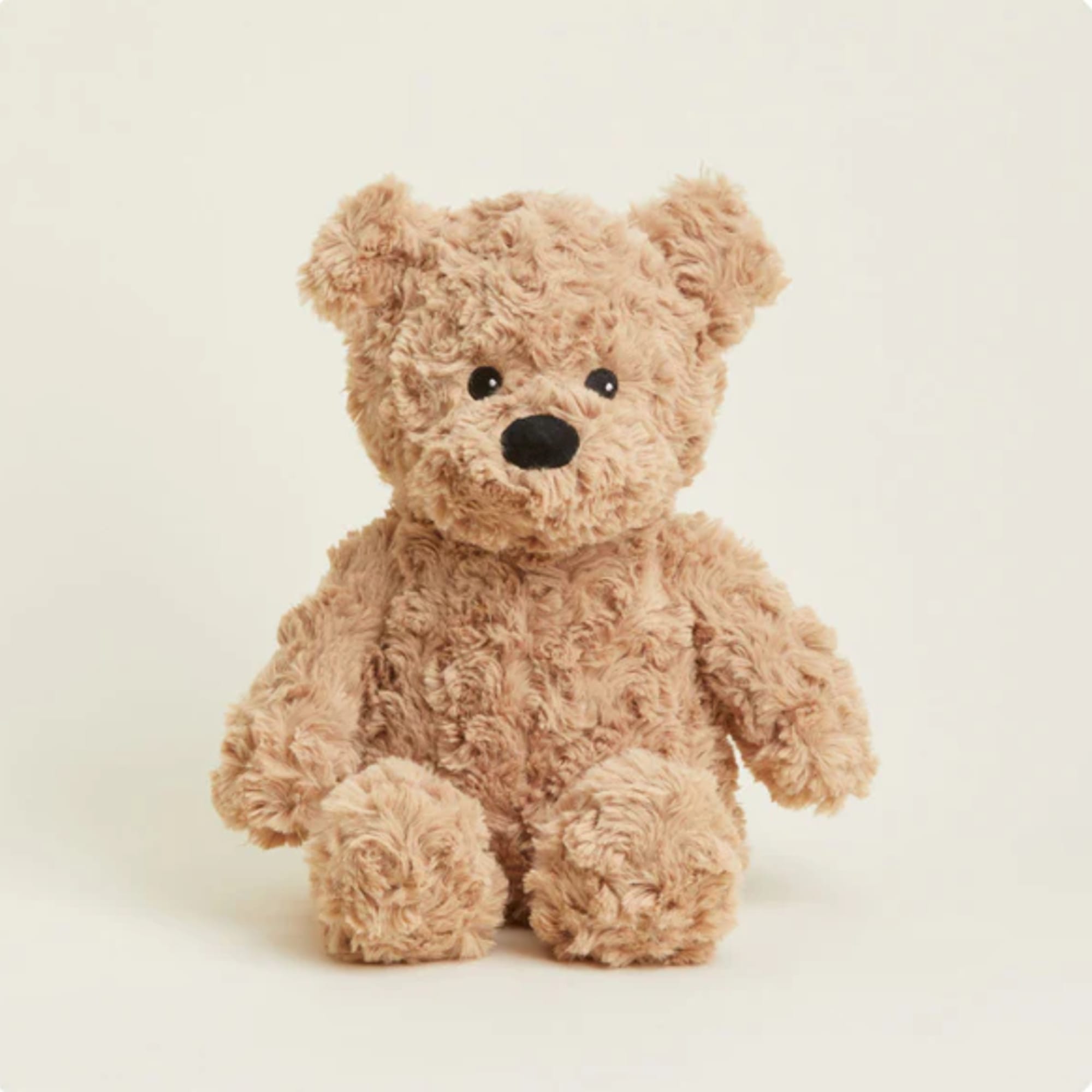 Plush teddy bear with curly tan fur sitting against a plain background
