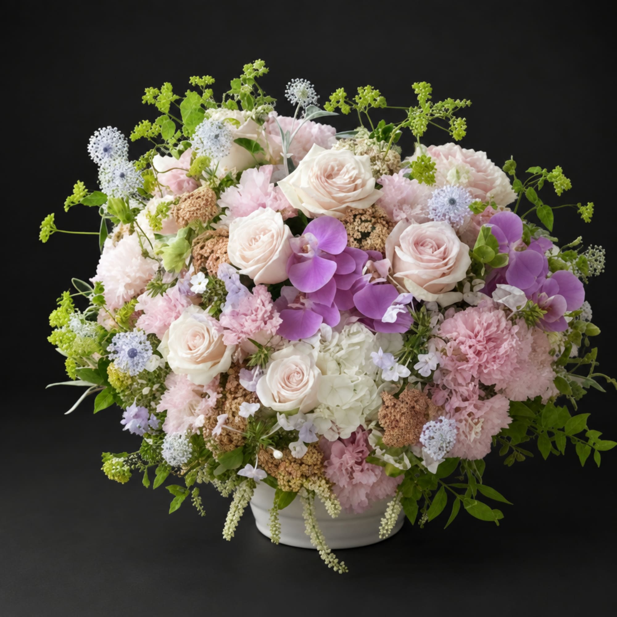 Pastel flower arrangement in a white bowl vase with pink and purple blooms