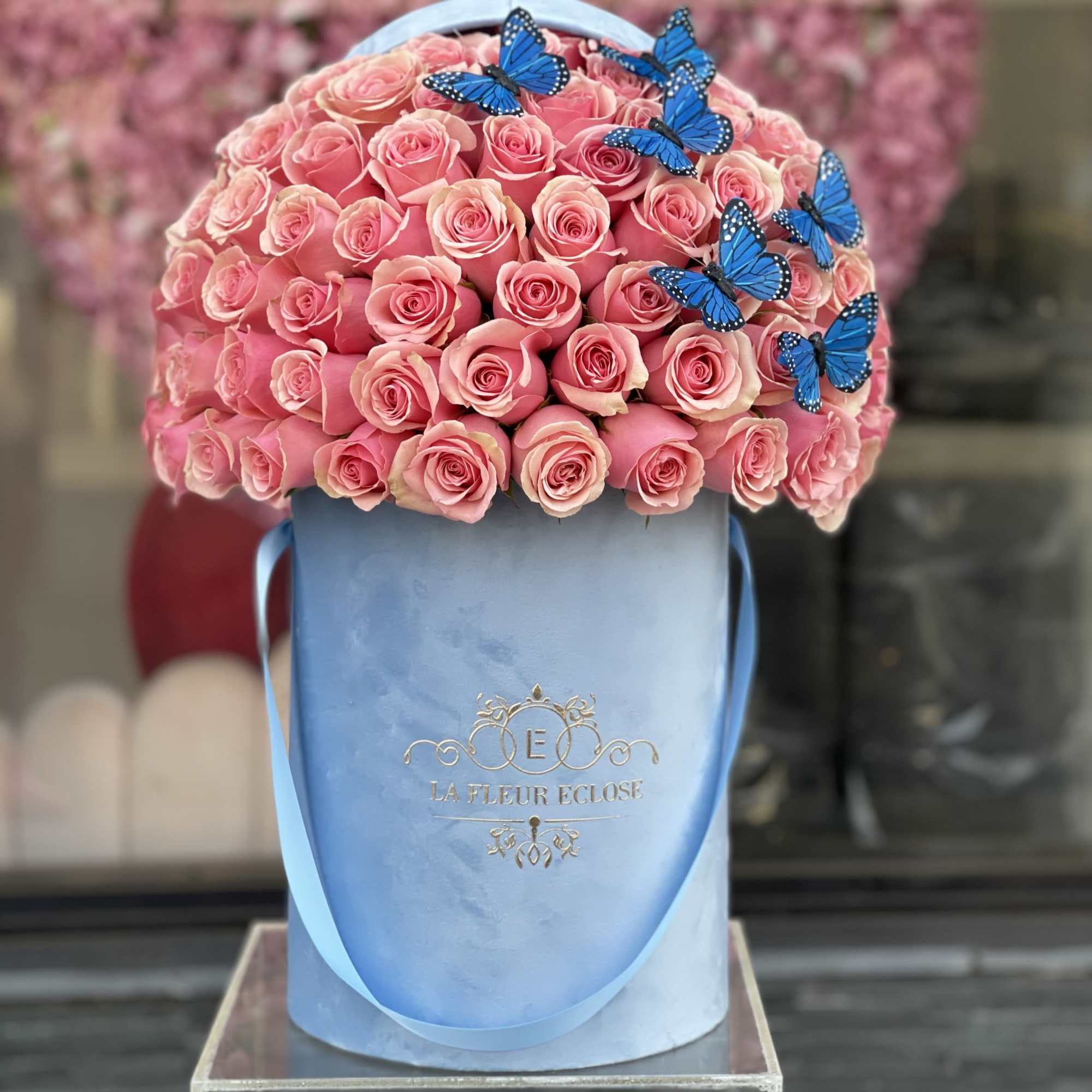 Standard 50 Geraldine roses in our signature baby blue box with butterflies
Deluxe