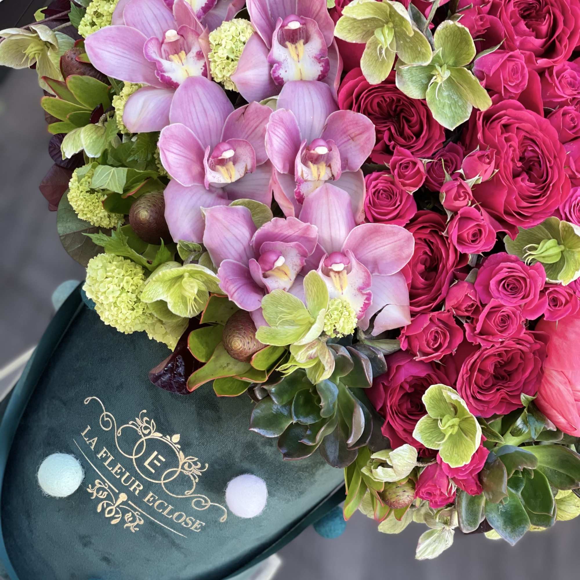 Hot pinks in our dark green velvet medium box, photo 3 of 3