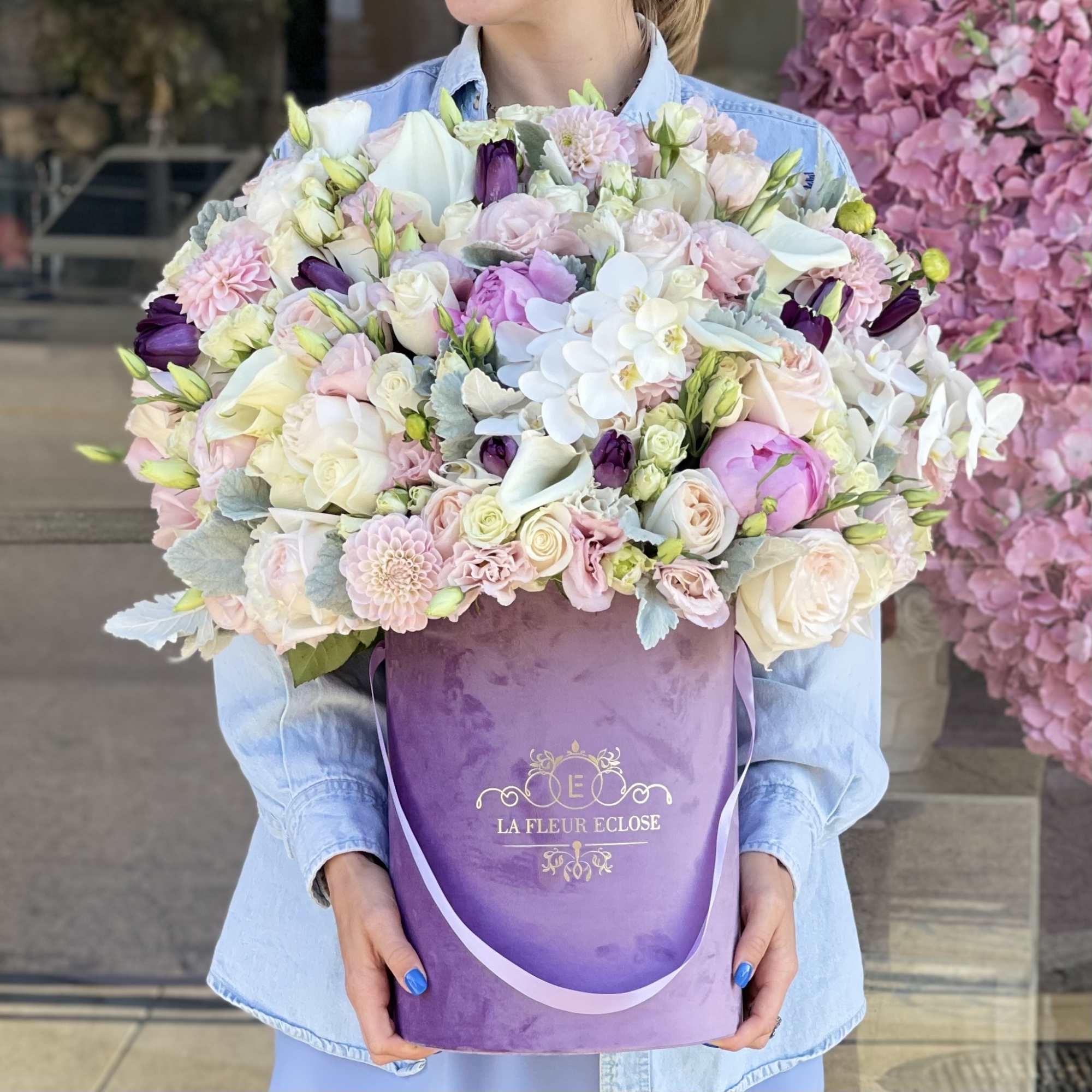 Beautiful arrangement with premium flowers in our signature lavender velvet box , photo 2 of 3