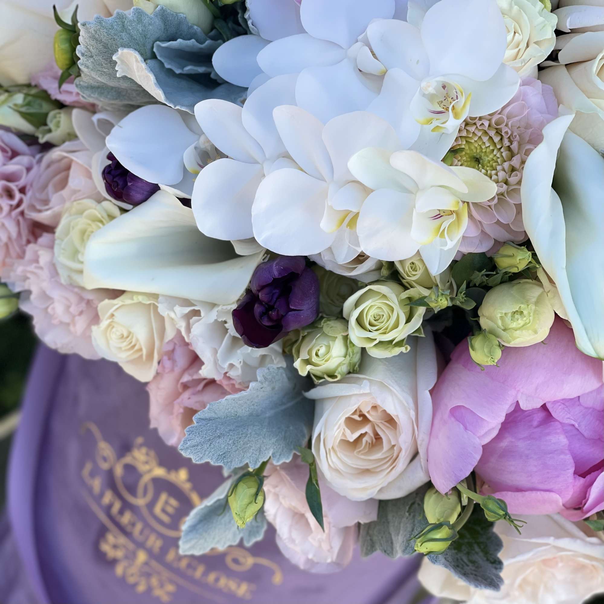 Beautiful arrangement with premium flowers in our signature lavender velvet box , photo 3 of 3